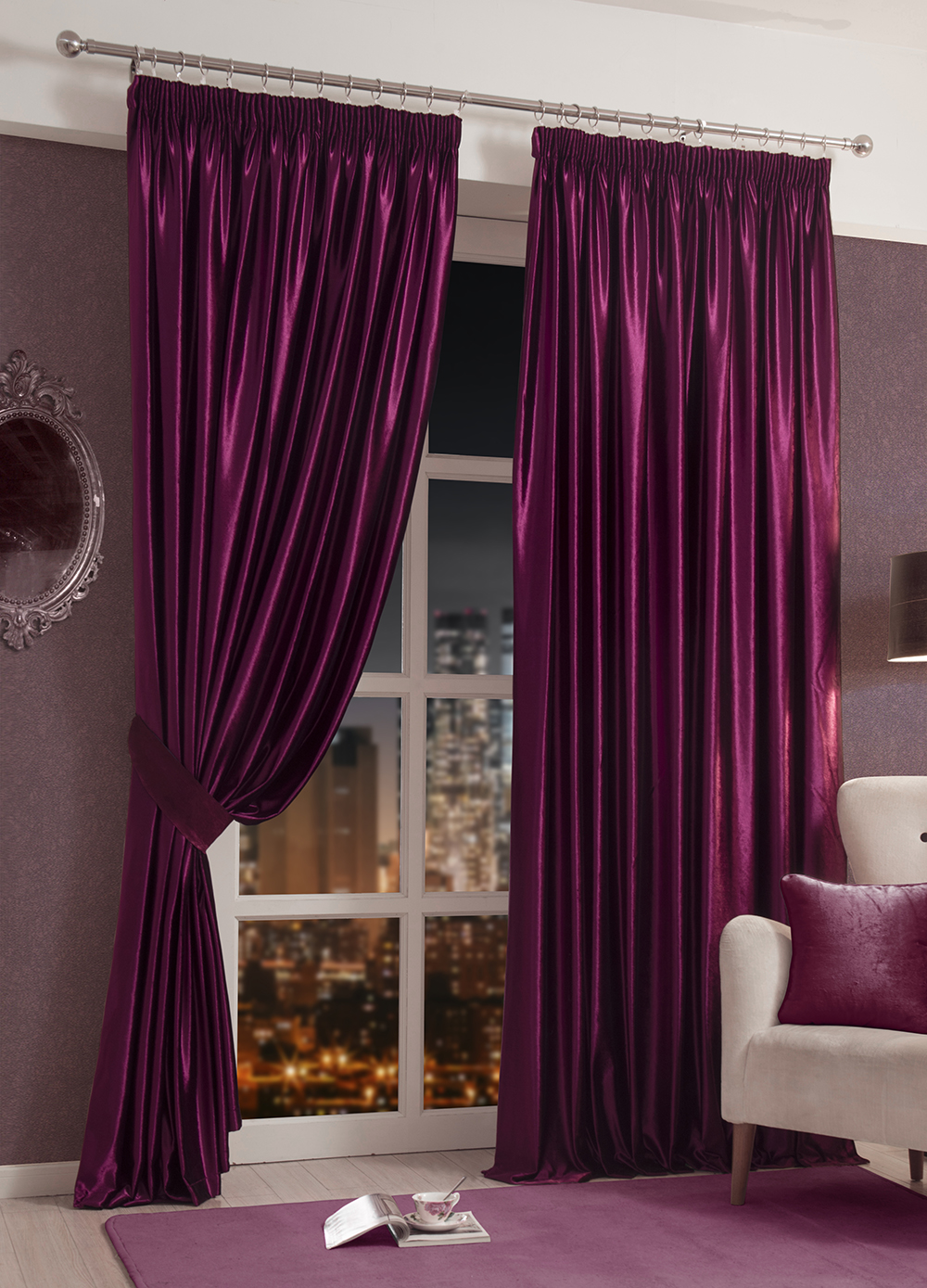 CHANTAL Faux Shiny Velvet Lined Tape Top Pencil Pleat Curtains and Door ...