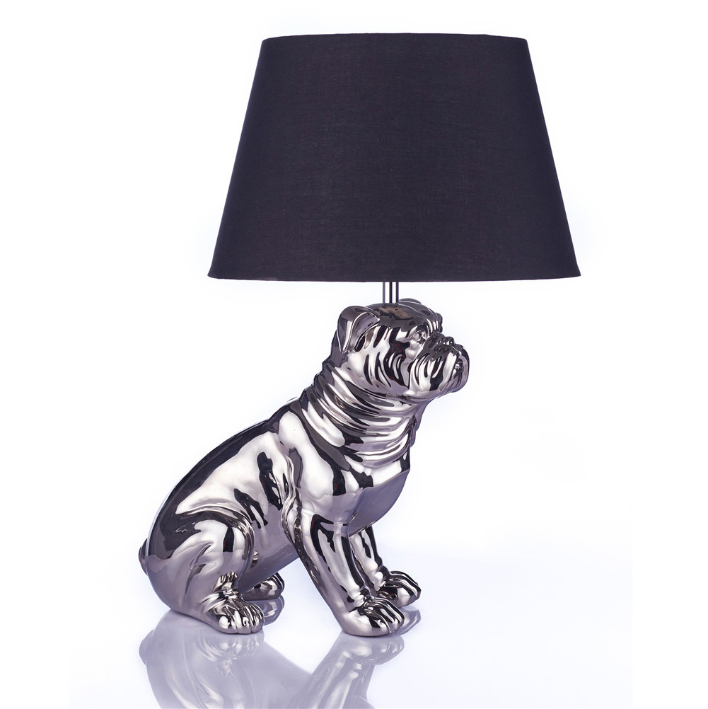 Details About Silver Table Lamp Bulldog Pug Style With Black Fabric Shade Plated Base