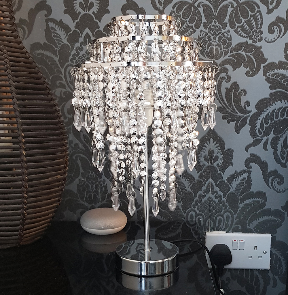 Chrome Beaded Silver Chandelier Table Lamp 3 Tier Hanging Droplets