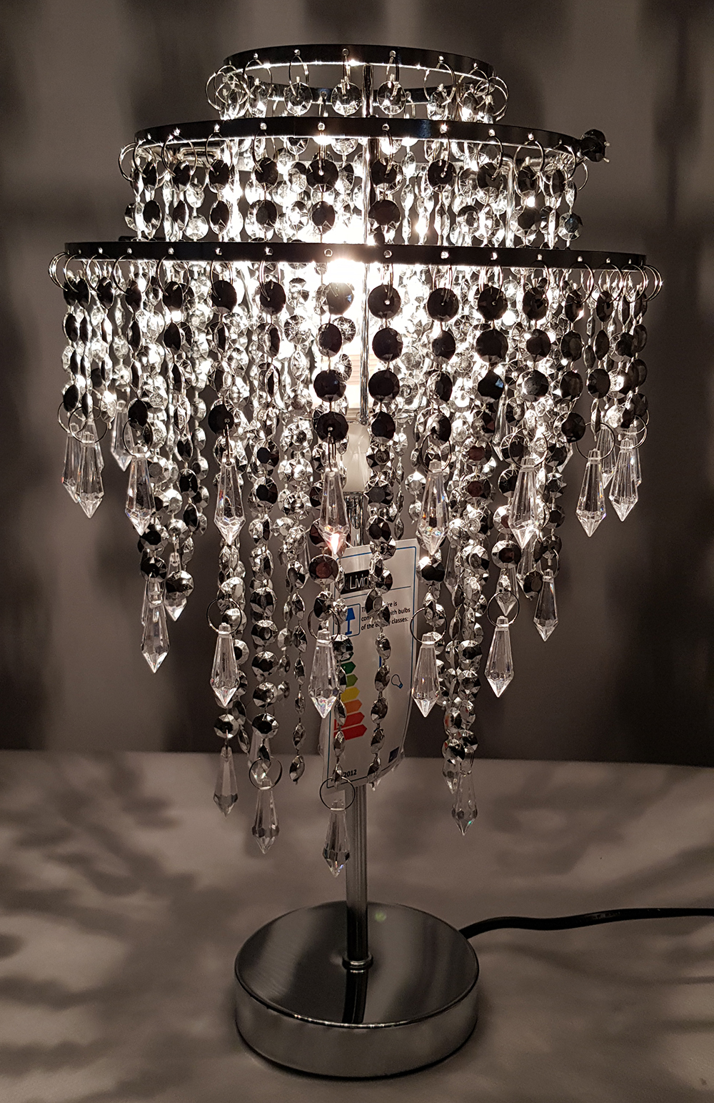 Chrome Beaded Silver Chandelier Table Lamp 3 Tier Hanging Droplets eBay