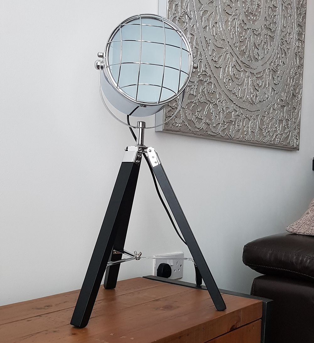 Industrial Modern Tripod Spotlight Table Lamp in Wood and Metal Black