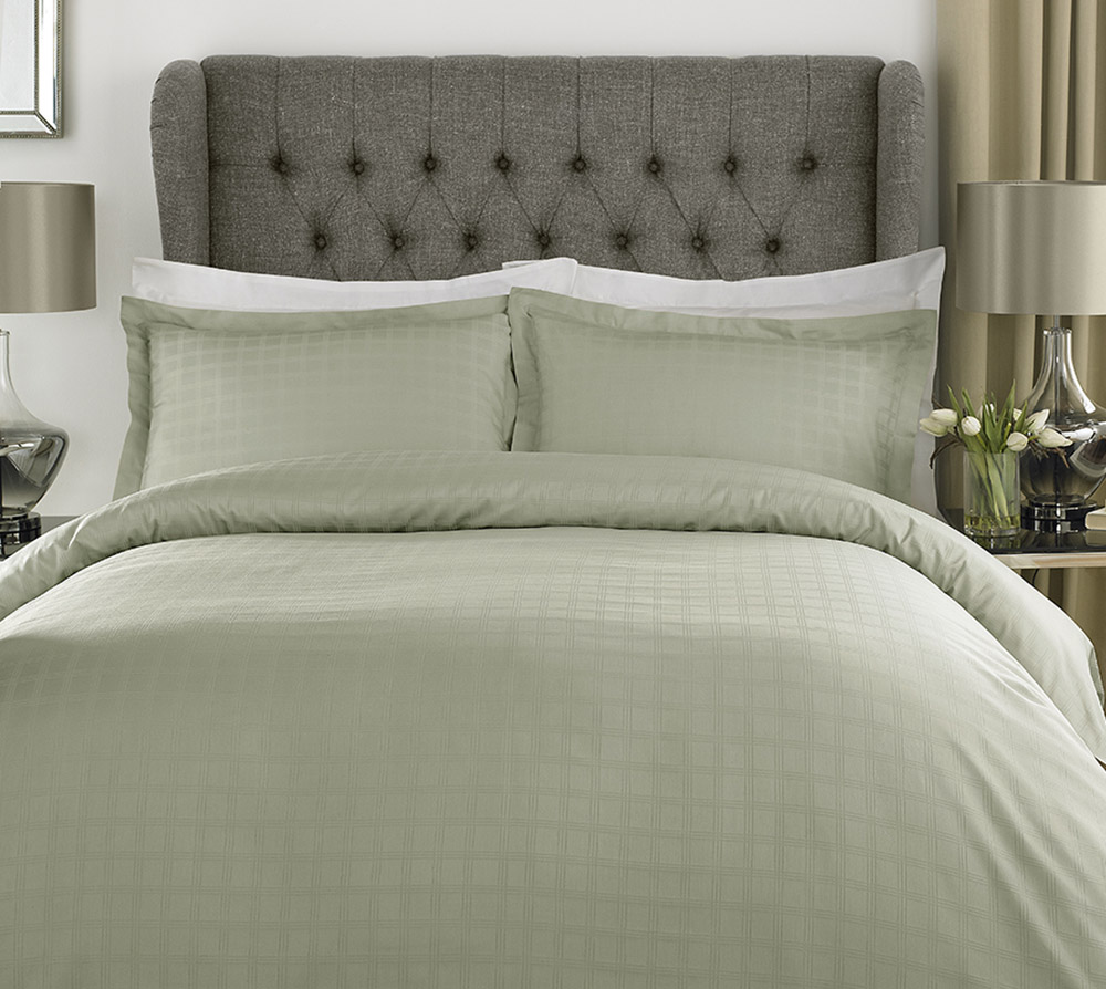 Sage Green Luxury Cotton Rich Satin Check Duvet Cover Set Double Sage Green Luxury Cotton Rich Satin Check Duvet