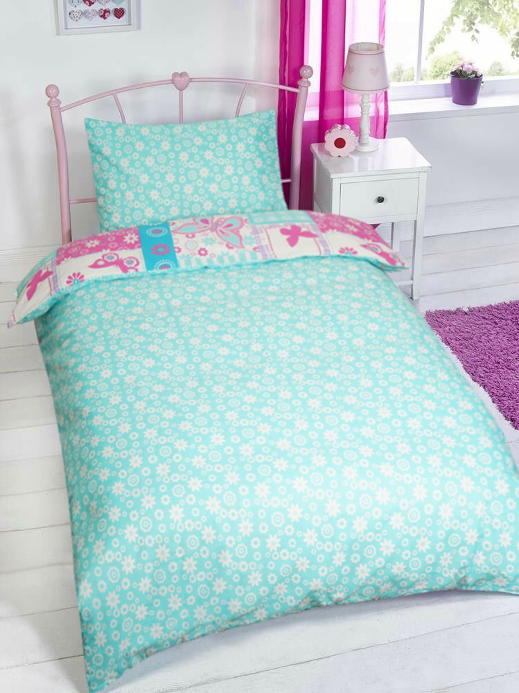 Butterfly Patchwork Design Pink Turquoise Girls Duvet Cover