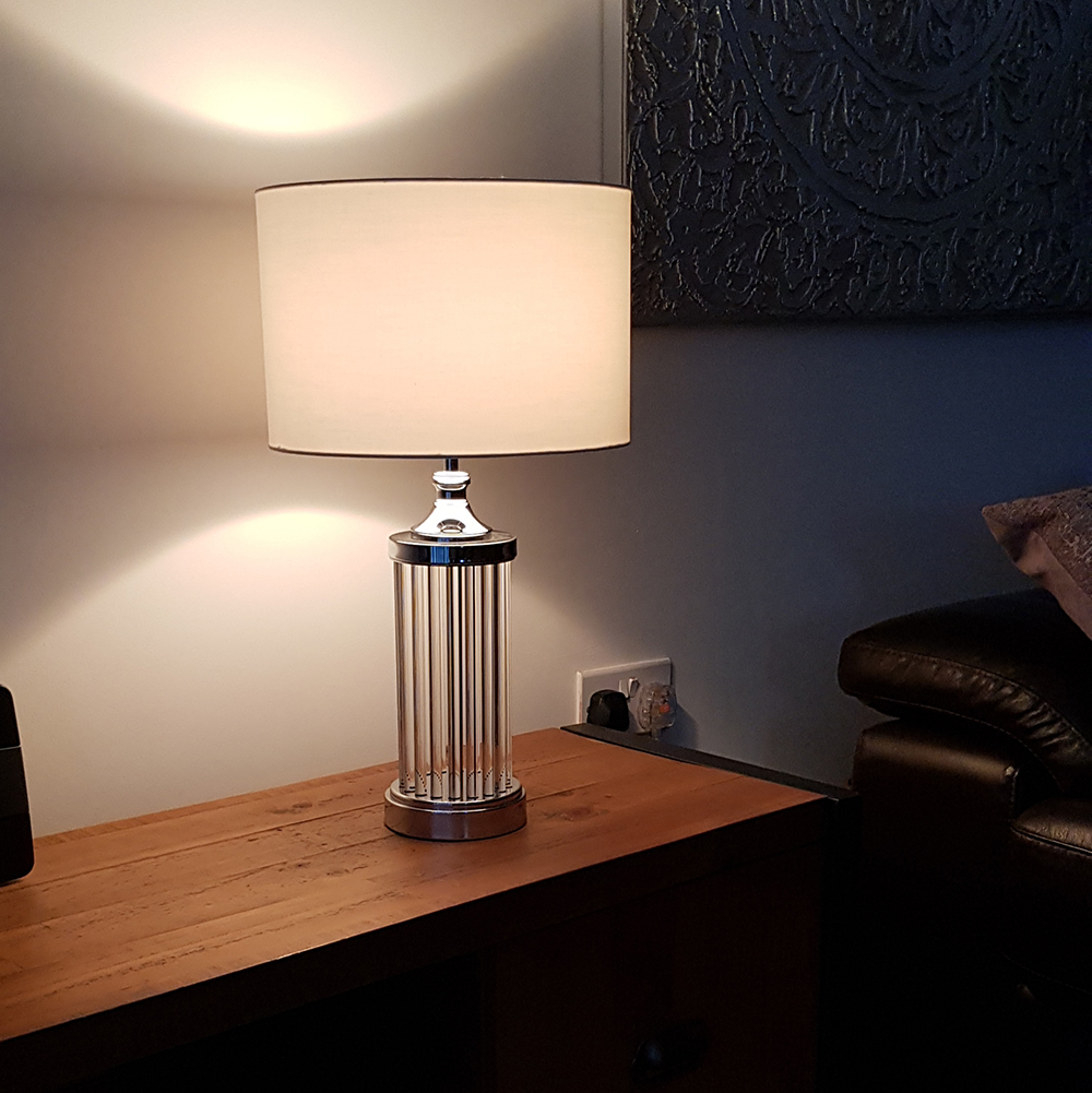 Hotel Style Cheryl Chrome and Clear Glass Pillar Table Lamp Ivory Drum Shade eBay