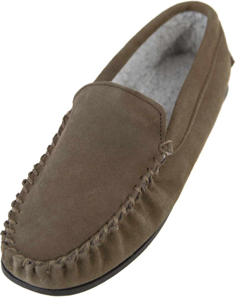 Men's Genuine Suede Moccasin Slippers With Berber Fleece Lining & Hard Sole - ECL