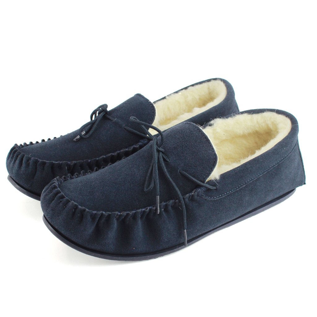 Sheepskin Moccasin Slippers Men's Real Suede Wool Lining Rubber Sole ...