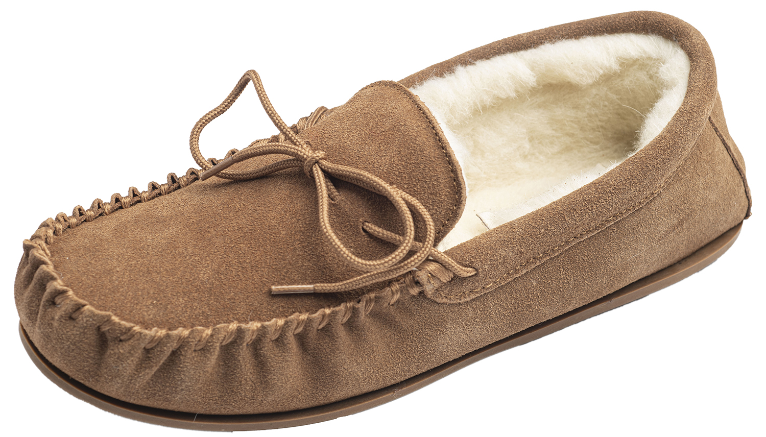 thumbnail image 2 of Men's Sheepskin Moccasin Slippers – Real Suede & Wool Lining, Rubber Sole (Brown, UK Made) 2 of 3