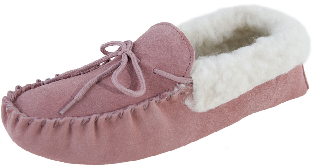 Ladies Sheepskin Moccasin Slippers Real Suede Wool Lining with Soft ...