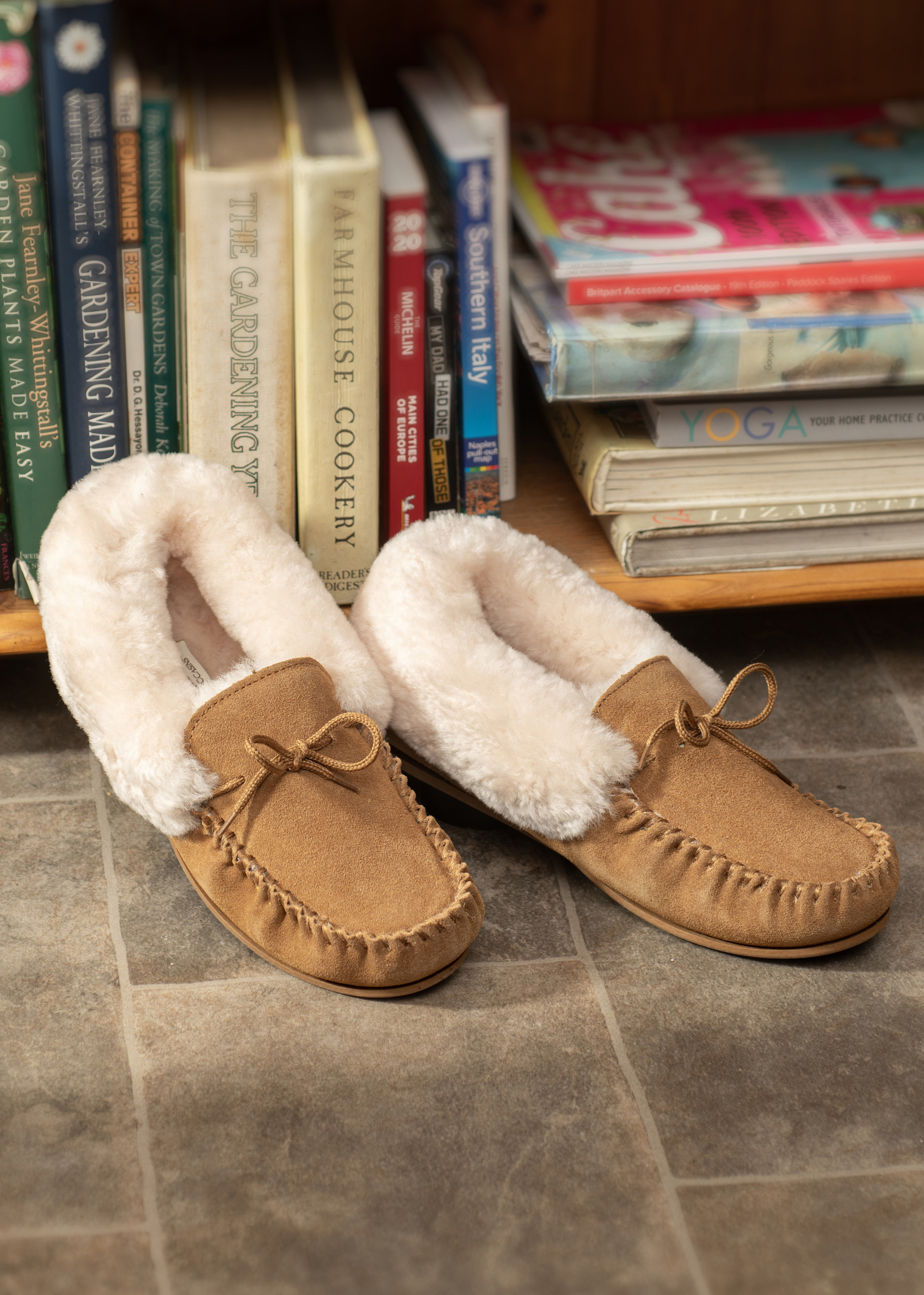Women's Sheepskin Moccasin Slippers PVC Sole Natural Chestnut