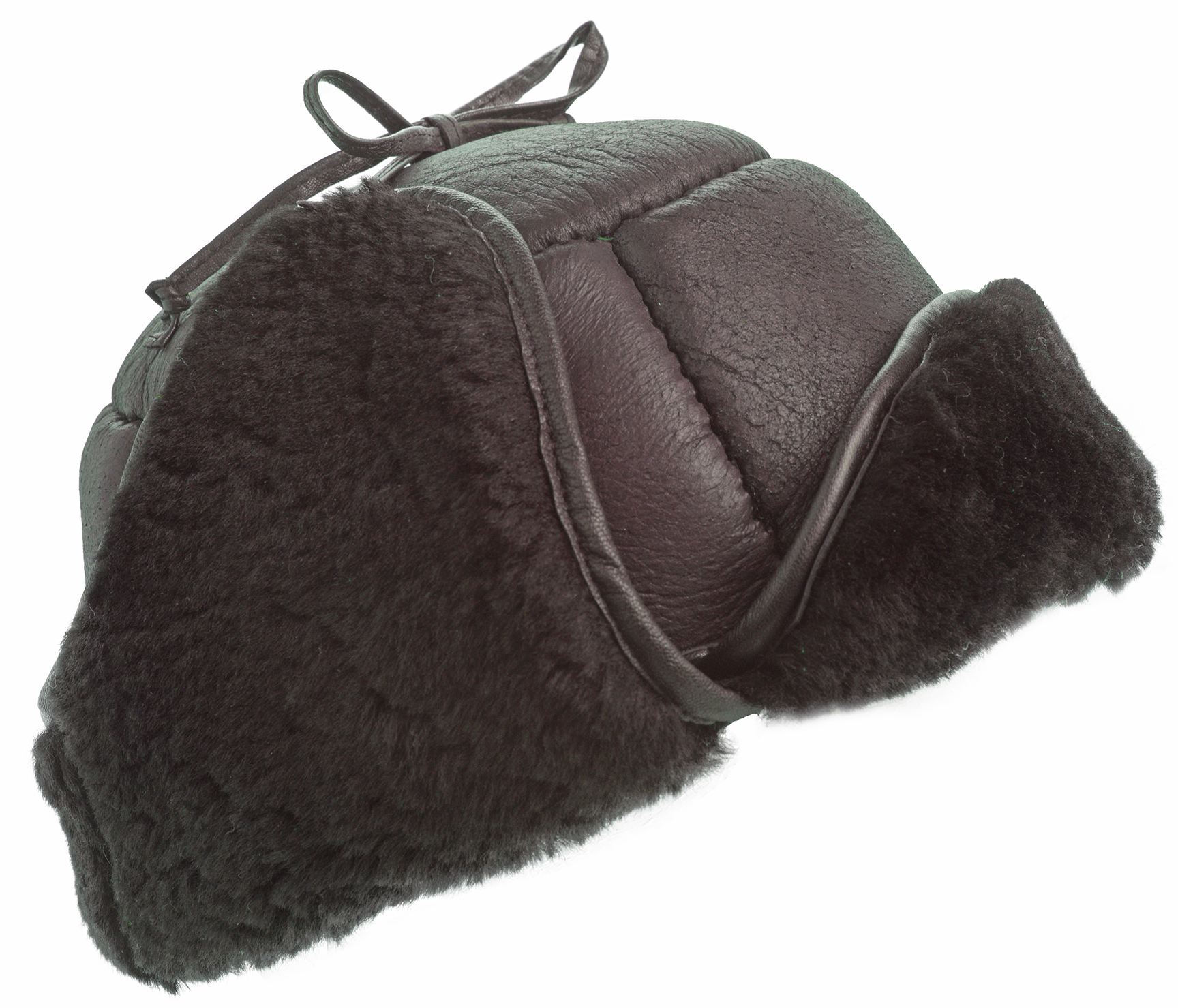 Mens Luxury Leather and Sheepskin Tie Back Trapper Hat