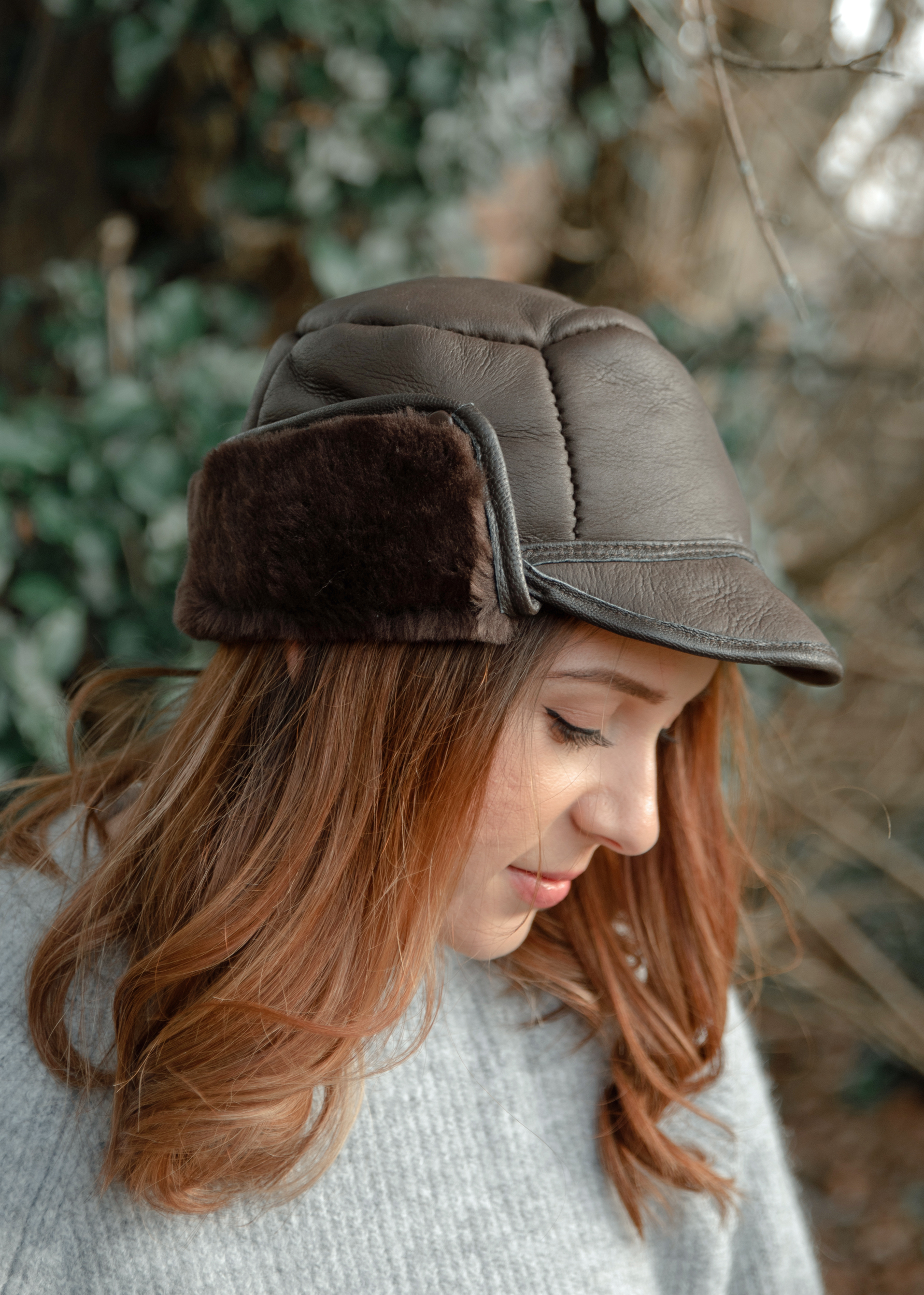 Luxury Leather and Sheepskin Studded Trapper Hat Men's Women's UK Made - Picture 7 of 9