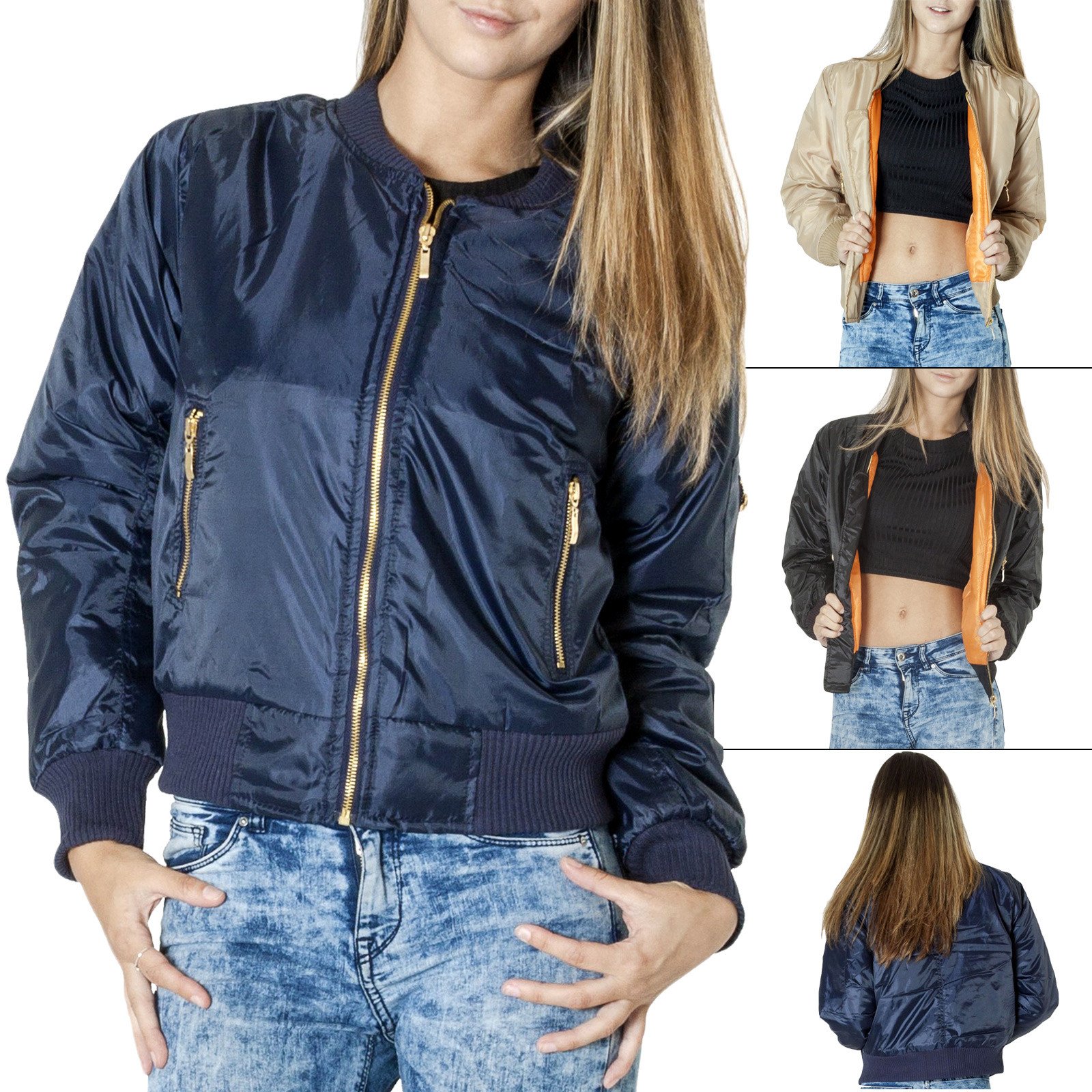 Womens Ladies Classic Bomber Jacket Vintage Zip Up Biker Coat Stylish Outwear