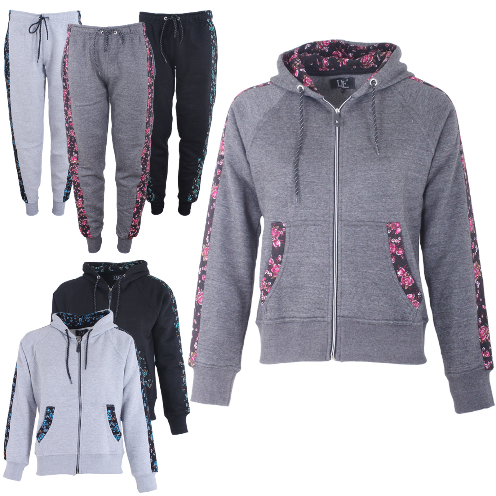 New Womens Floral Side Panel Tracksuit Set Ladies Jogging Bottom ...