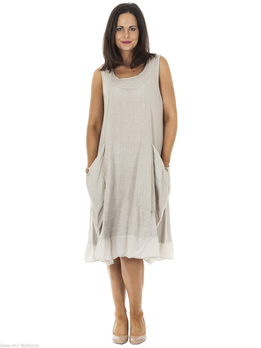 Womens Italian Lagenlook Ribbed Pocket Sleeveless Linen Dress Plus Size ...