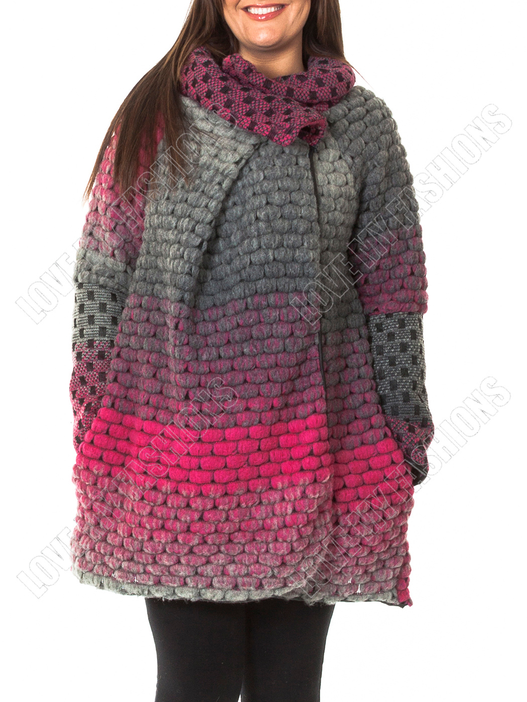 Womens Italian Quirky Layer Bubble Wool Funnel Neck Cocoon