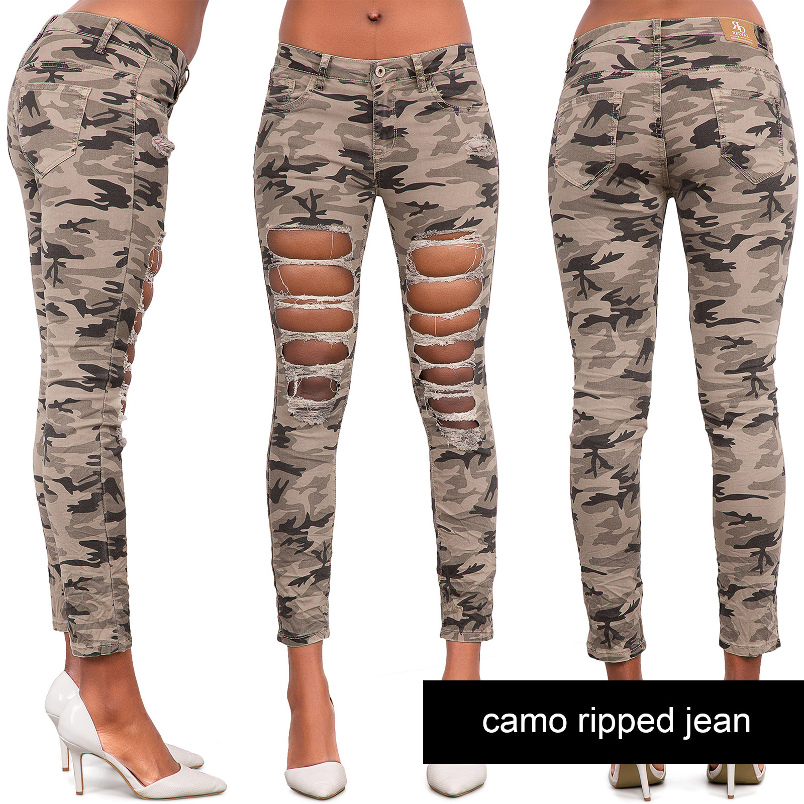Womens Ripped Knee Skinny Jeans Camo Slim Fit Ladies Denim Size 6 8 10 ...
