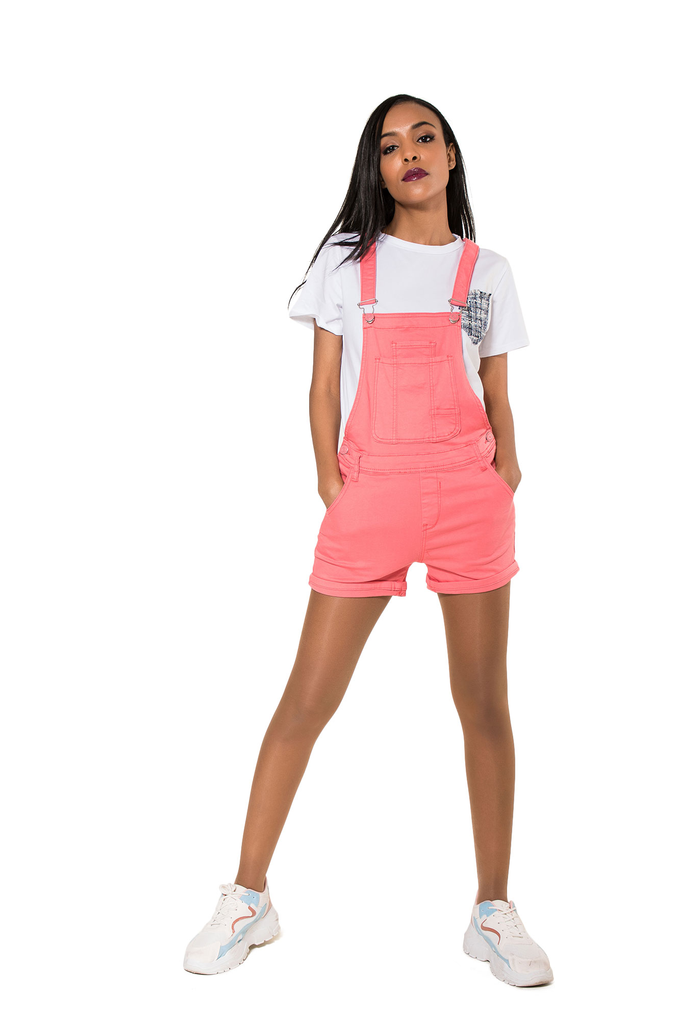 pink dungaree shorts