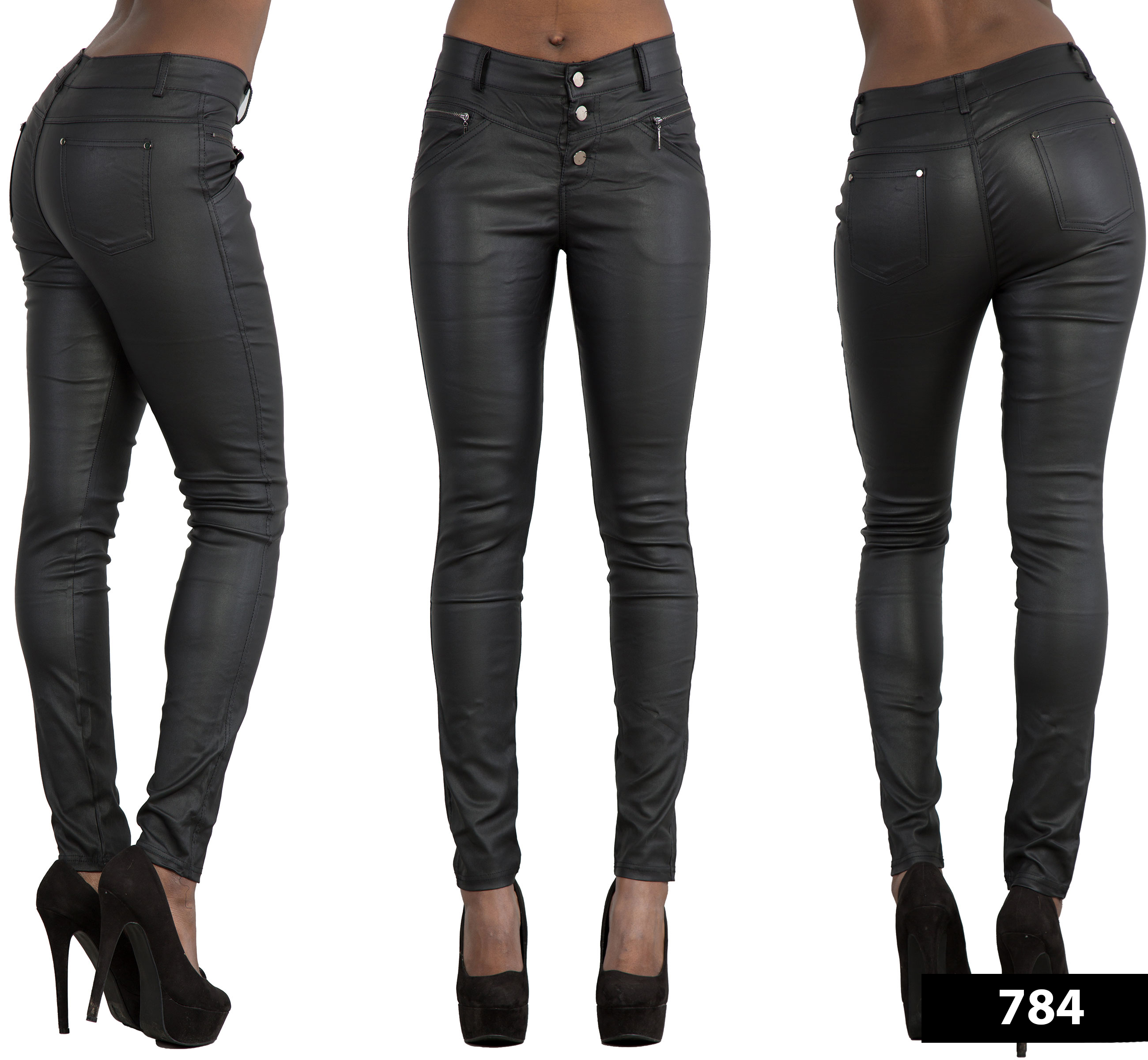 Womens Ladies Black Wet Look Leather Jeans Skinny Trouser PU Leggings ...