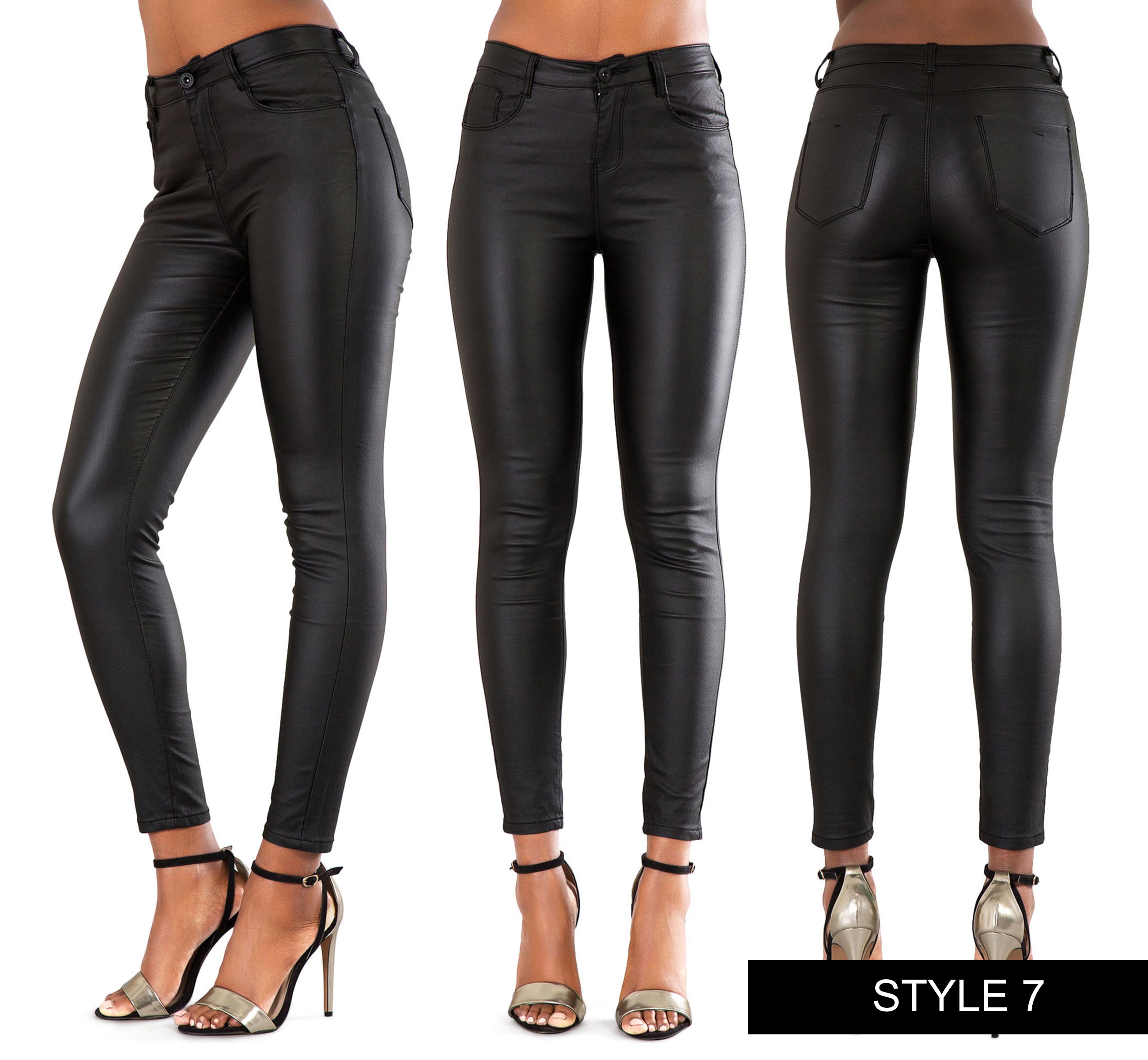Womens Ladies Black Wet Look Leather Jeans Skinny Trouser PU Leggings ...