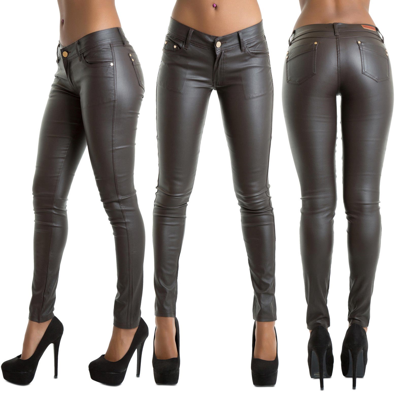 Women Brown Leather Look Leggings Wet Look Trousers Slim Fit Jeans Size ...
