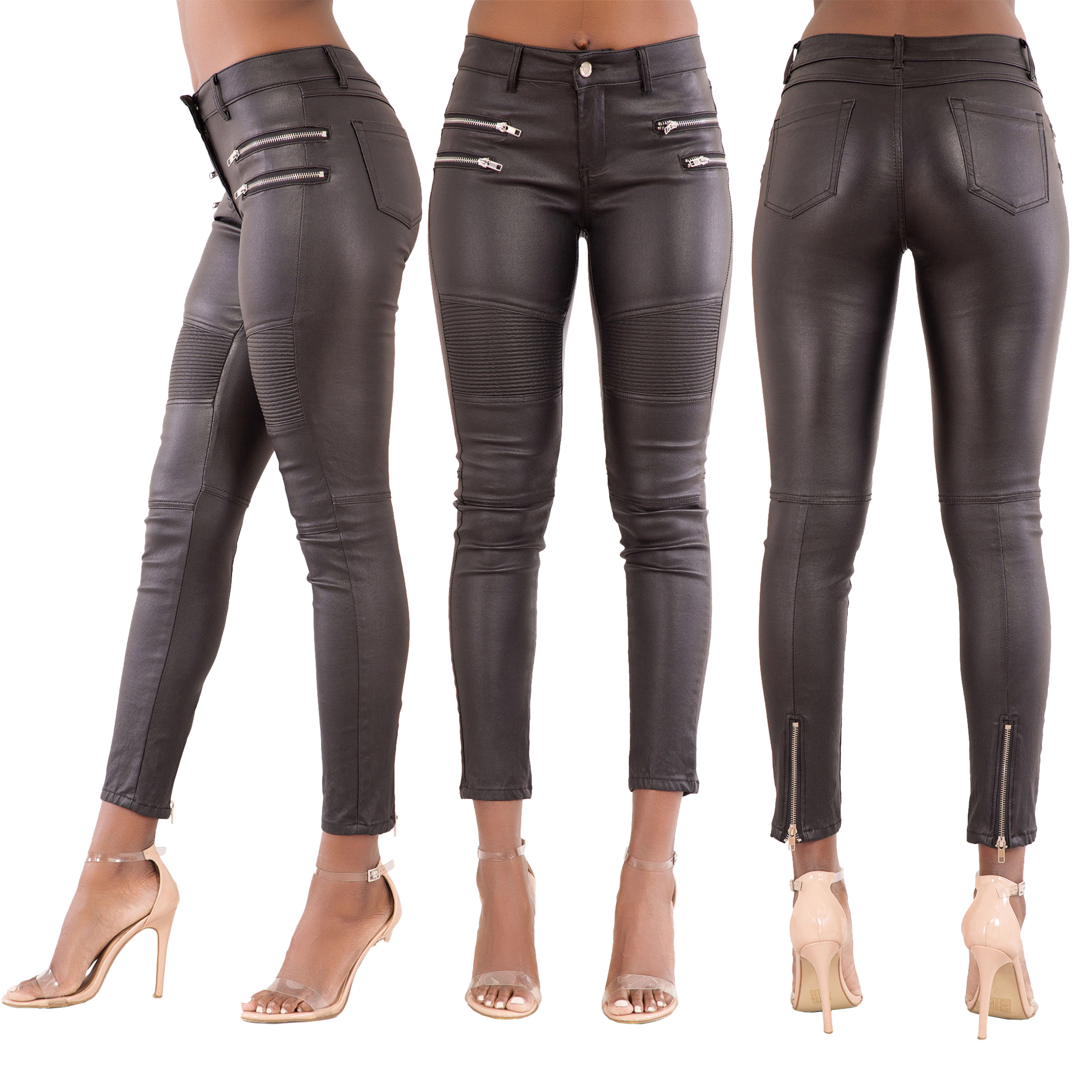 Womens High Waist Leather Look Skinny Fit Stretchy Trousers Leggings ...