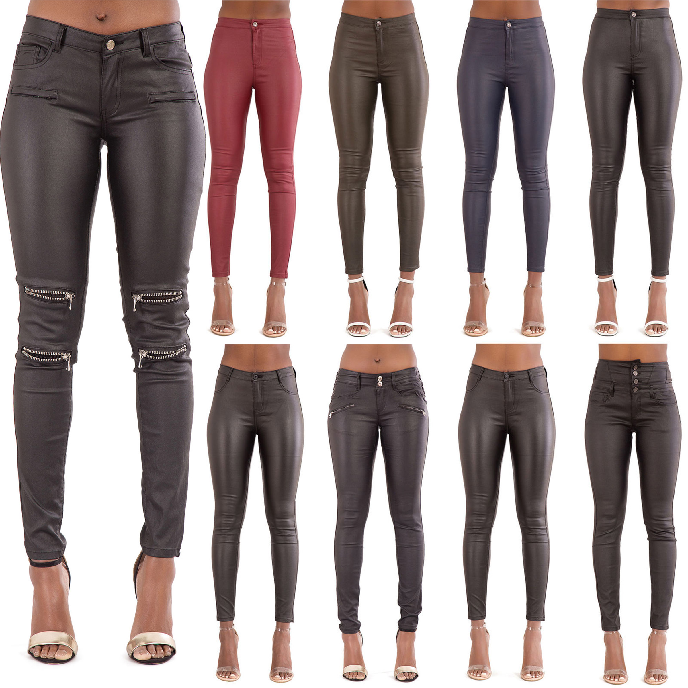 WOMEN HIGH WAIST PLUS SIZE LEATHER LOOK JEANS Skinny FitTrousers SIZE 6-20