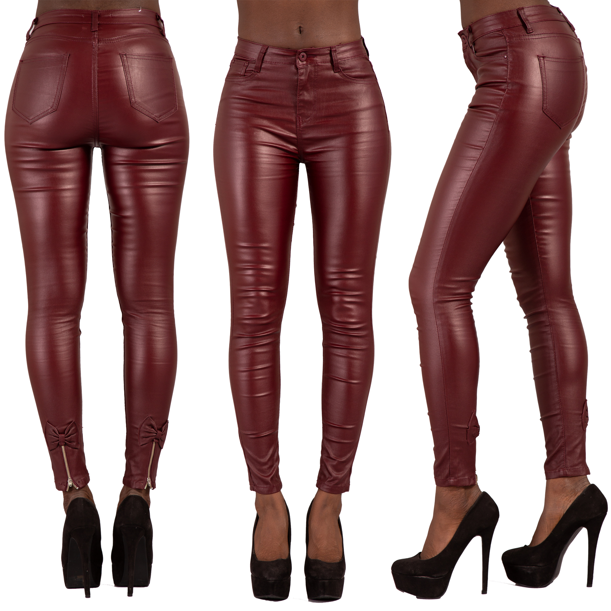 Womens Burgundy Leather Look Trousers Ladies Sexy Skinny Fit Jeans ...