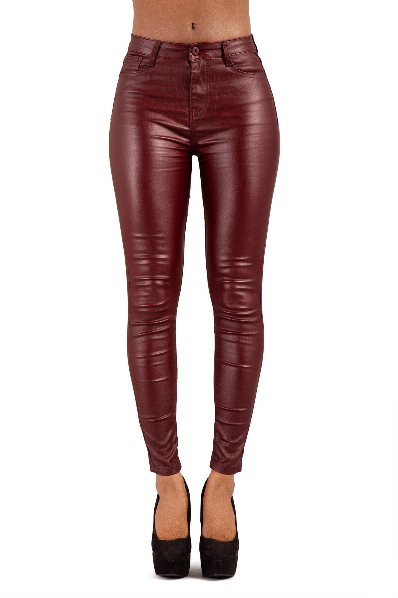 Womens Burgundy Leather Look Trousers Ladies Sexy