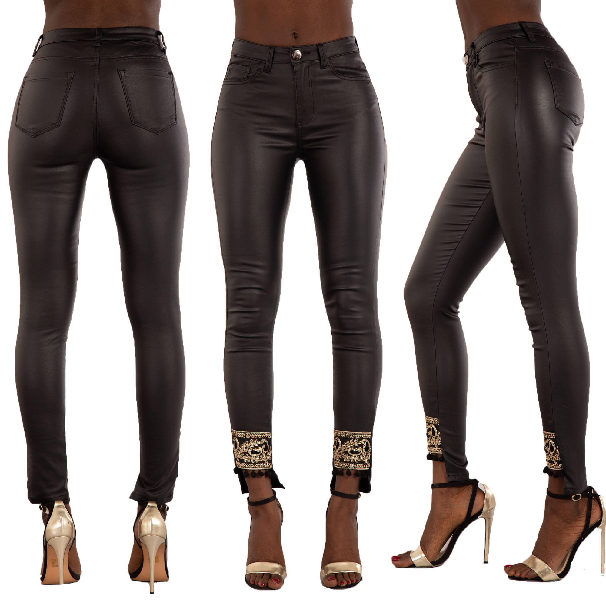 wet leather look pants