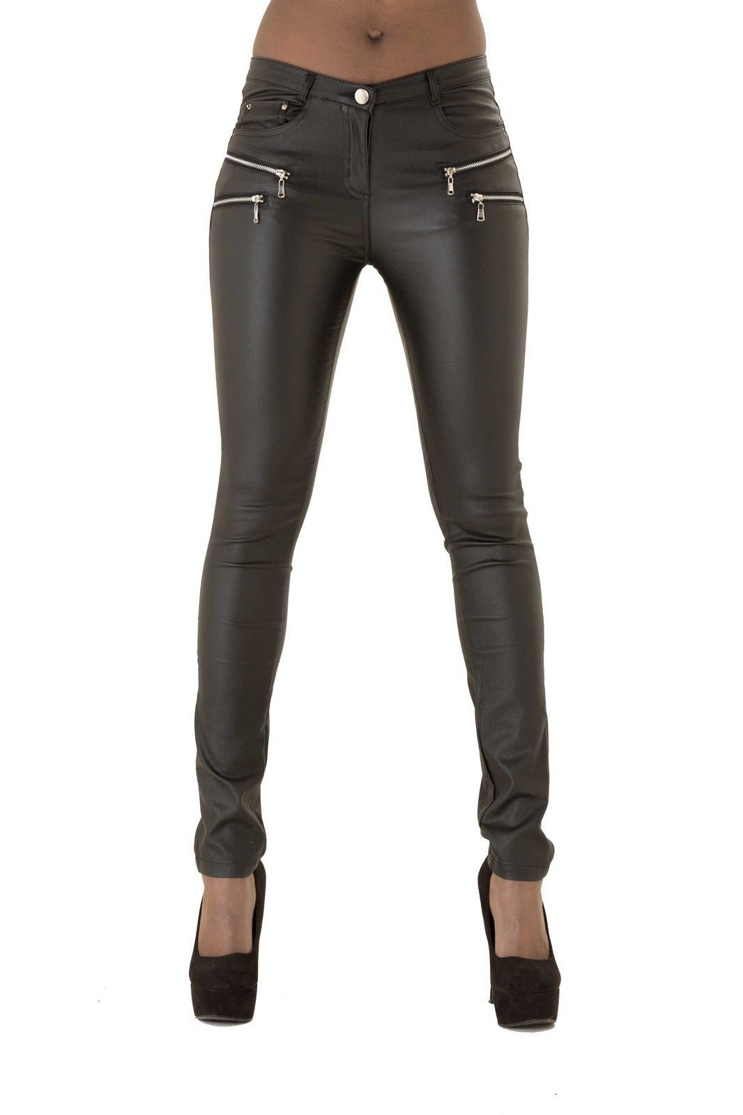 Women High Waisted leather Look Trousers Black Jeans Size 8 10 12 14 16 ...