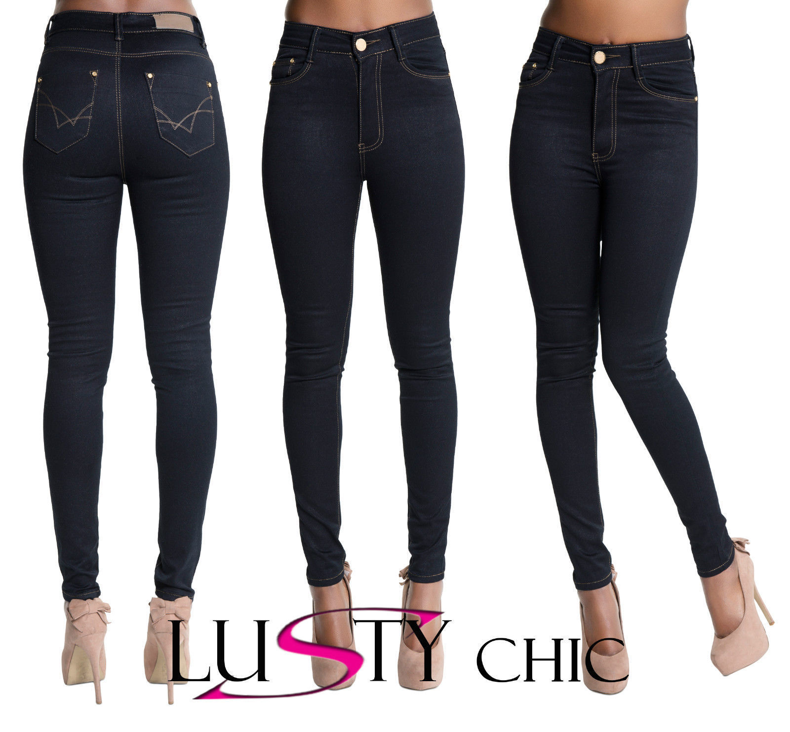 Women High Waisted Jeans Ladies Navy 