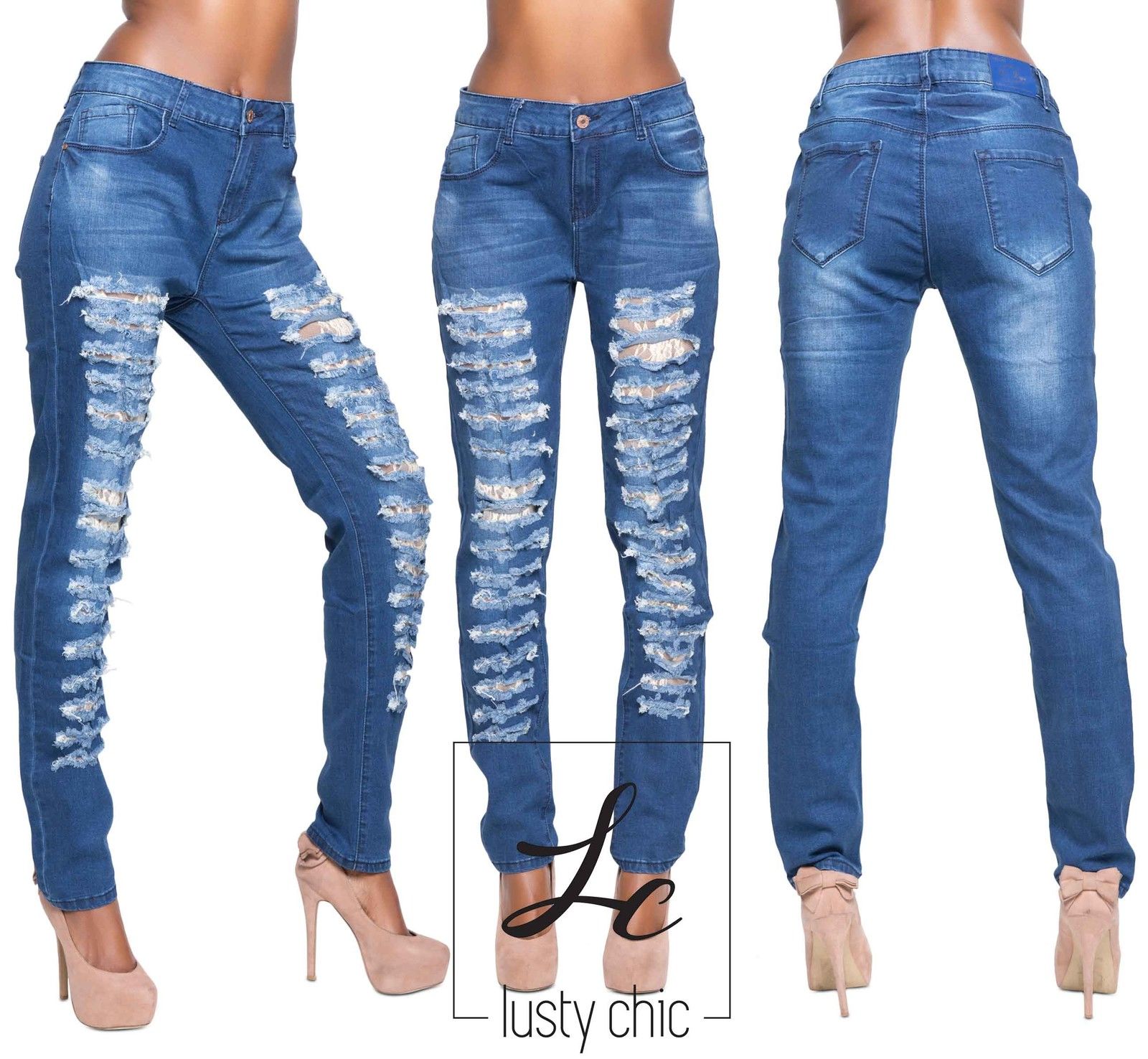 Womens Ladies New Sexy Denim Ripped Skinny Slim Fit Lace Jeans Plus ...
