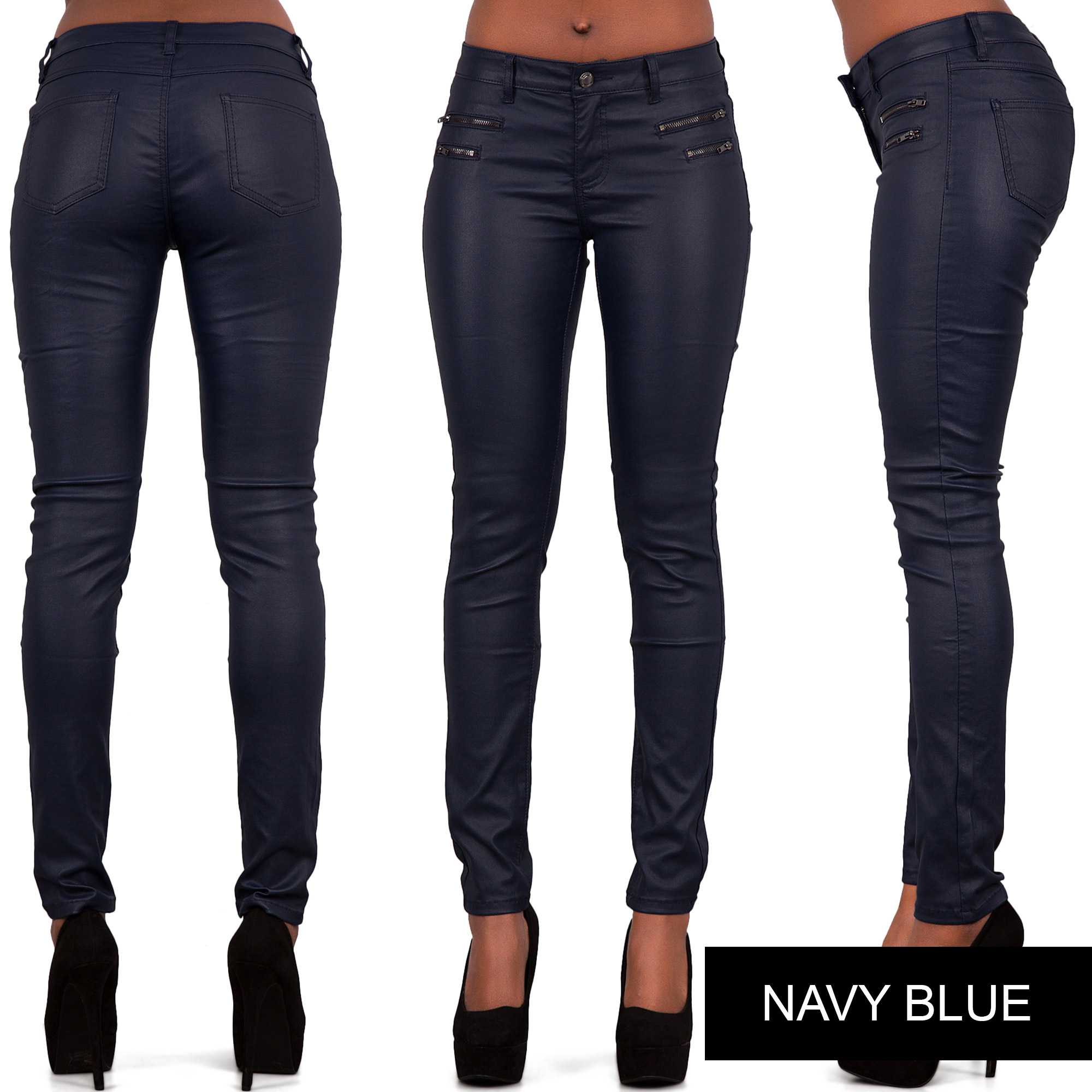 navy faux leather trousers