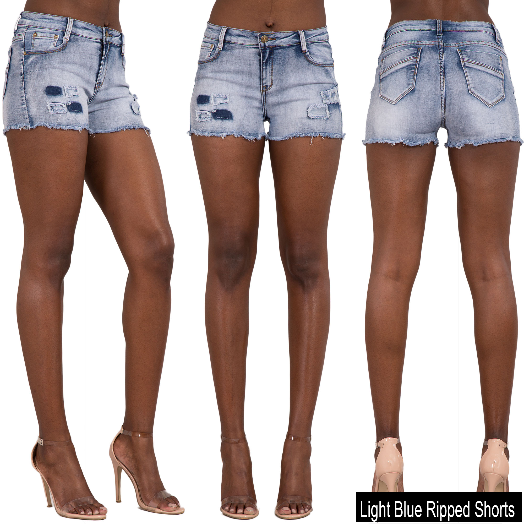 New Ladies Womens Blue Denim Shorts High Waisted Ripped Sexy Hotpants
