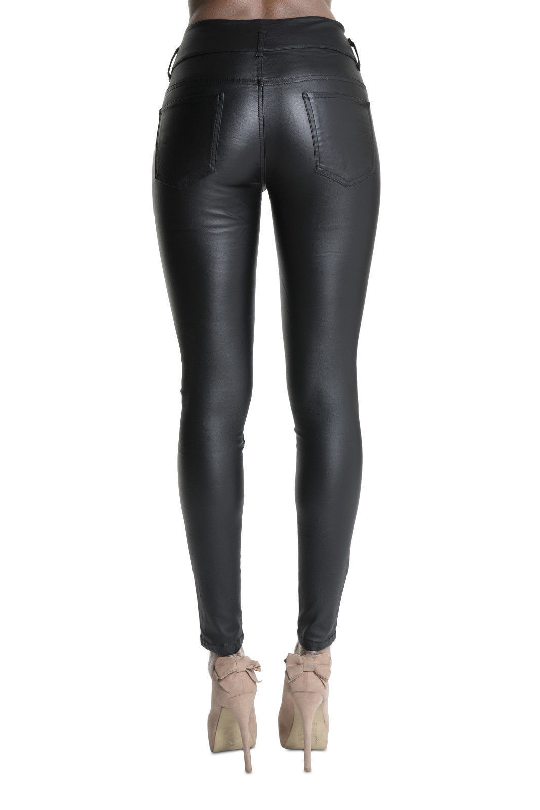 WOMEN HIGH WAIST BLACK LEATHER LOOK JEANS SLIM FIT TROUSERS SIZE 6 8 10 ...