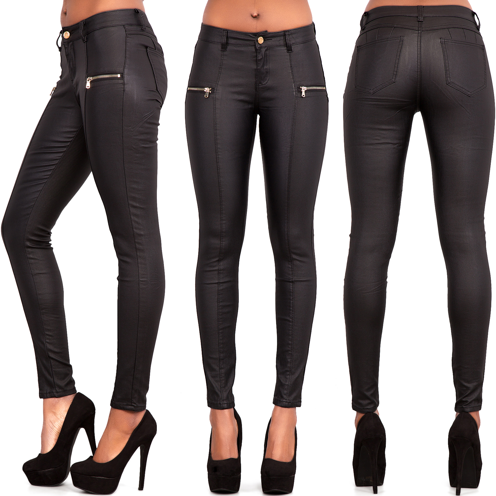 Womens Black Wet Look Leather Jeans Skinny Trouser Leggings Size 6 8 10 ...