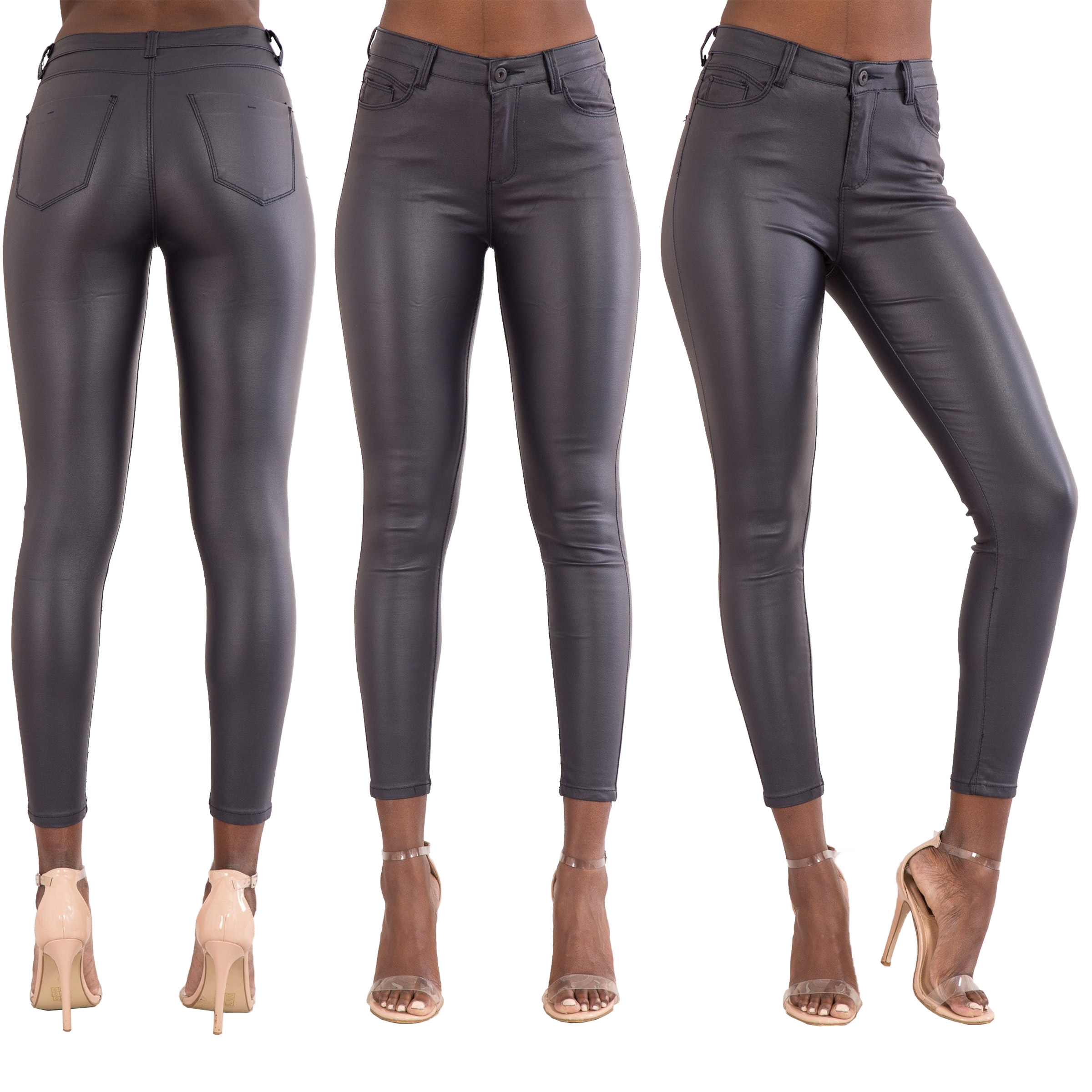Womens Black Wet Look Leather Jeans Skinny Trouser Leggings Size 6 8 10 ...