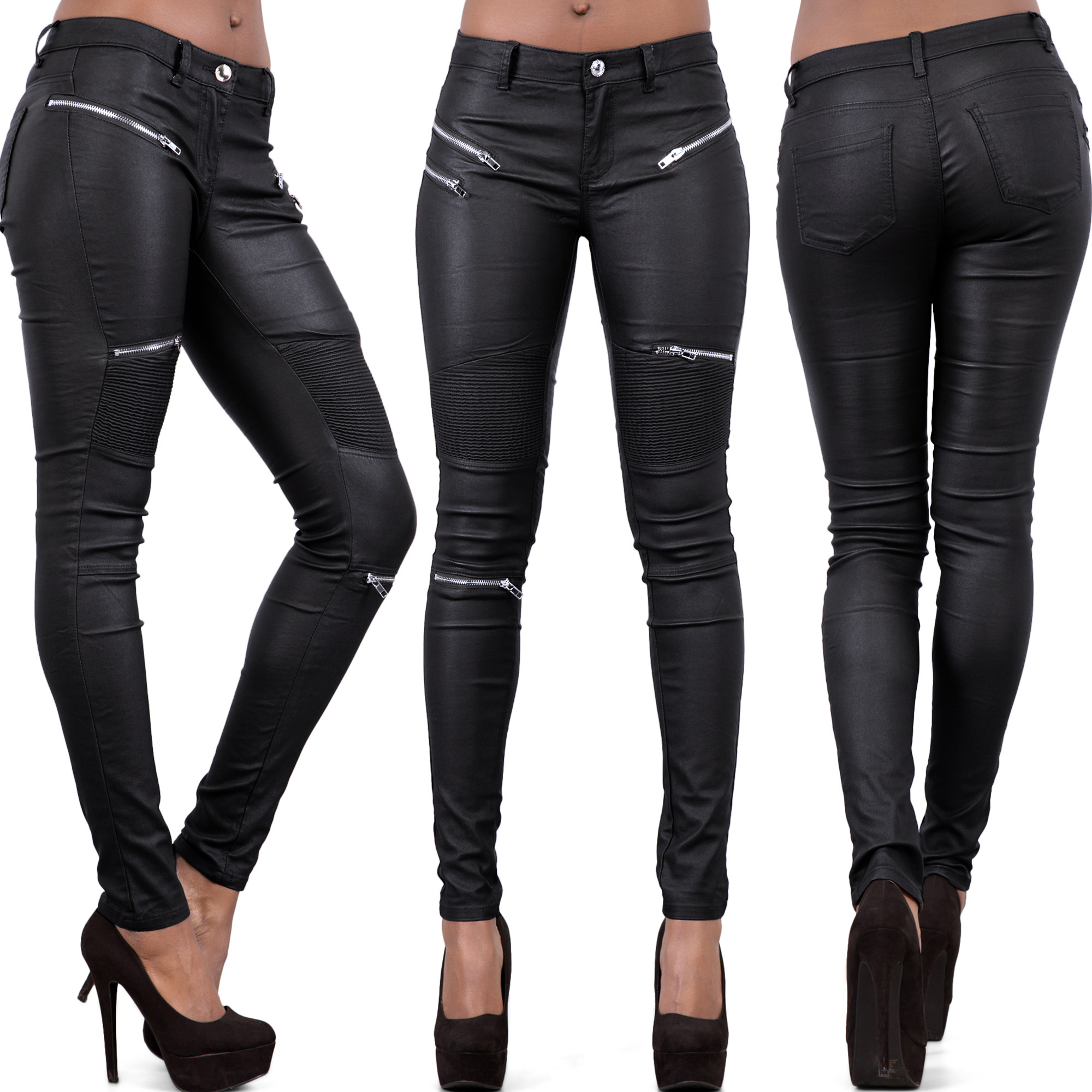 Womens Leather Trousers Black Wet Look Leggings Ladies Jeans Slim Fit