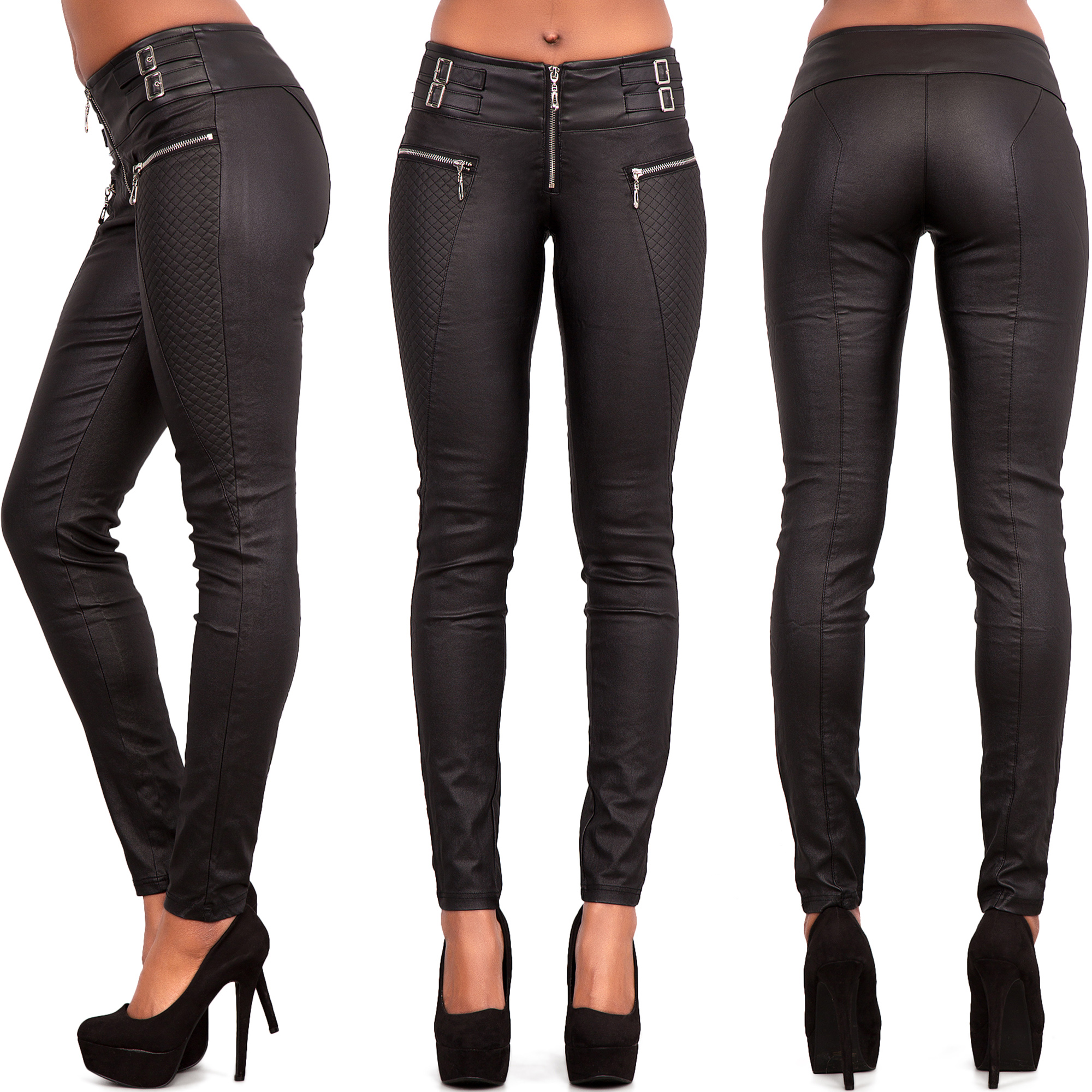 Women's Low Rise Leather Skinny Jeans Slim Trousers Perfect Fit Size 6-14  HOT