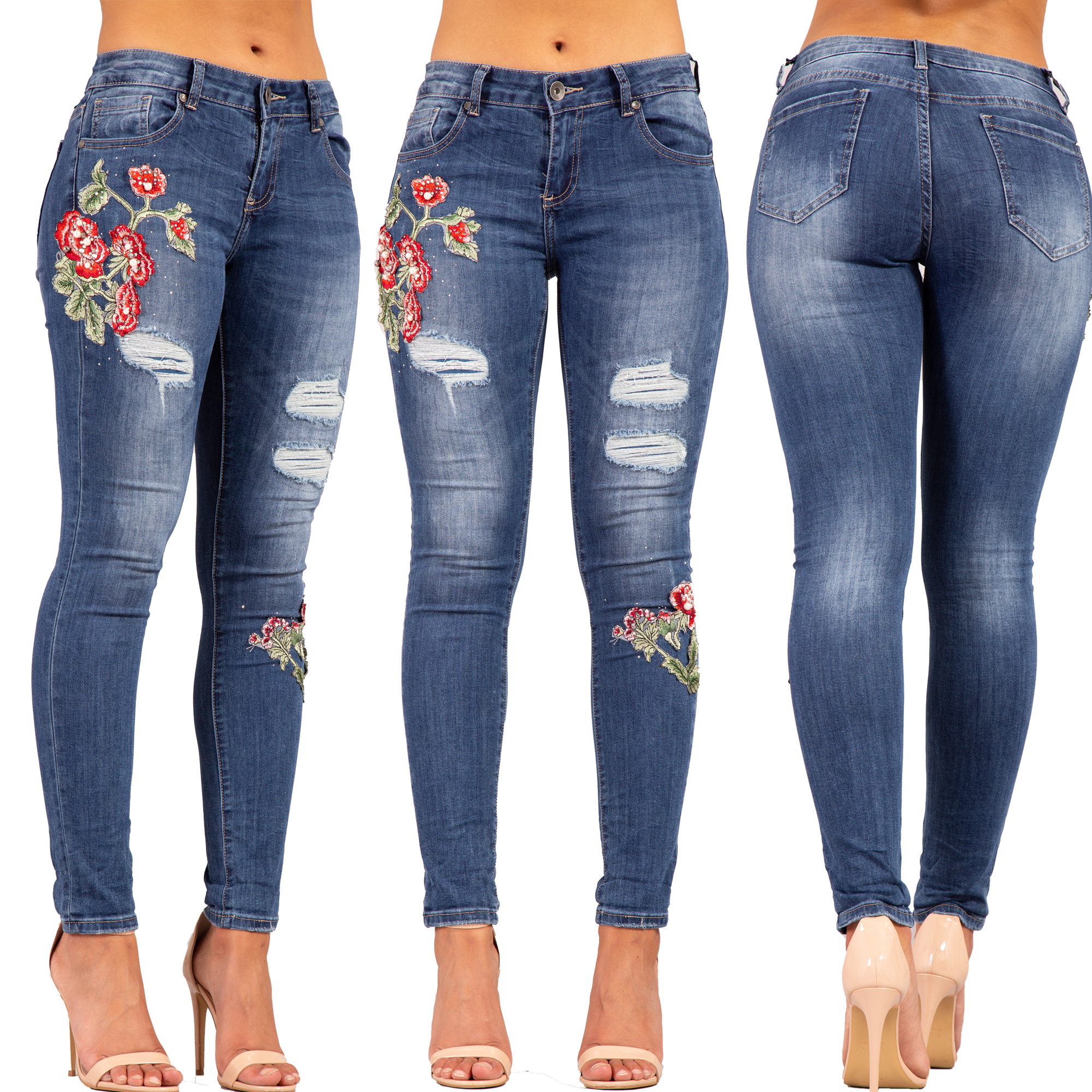 Jeans New Women Ladies Knee Rip Embroidered Flower Detail White Skinny ...