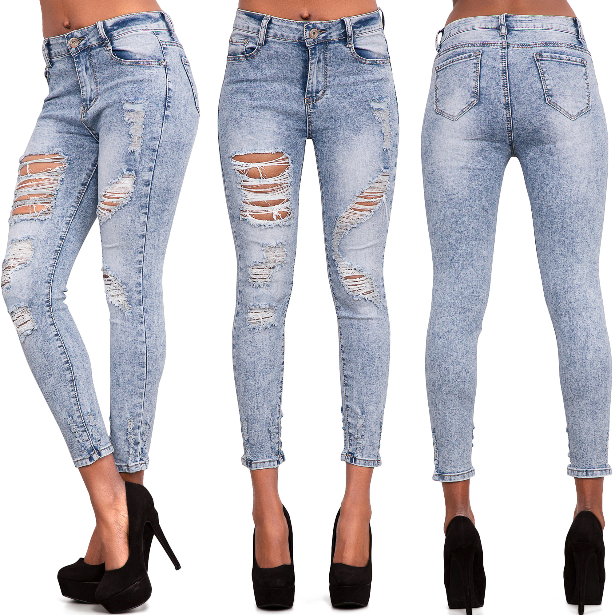 Womens Blue Ripped Skinny Jeans Ladies Jeggings Slim Fit Denim Size 6 8 10 12 14 Ebay