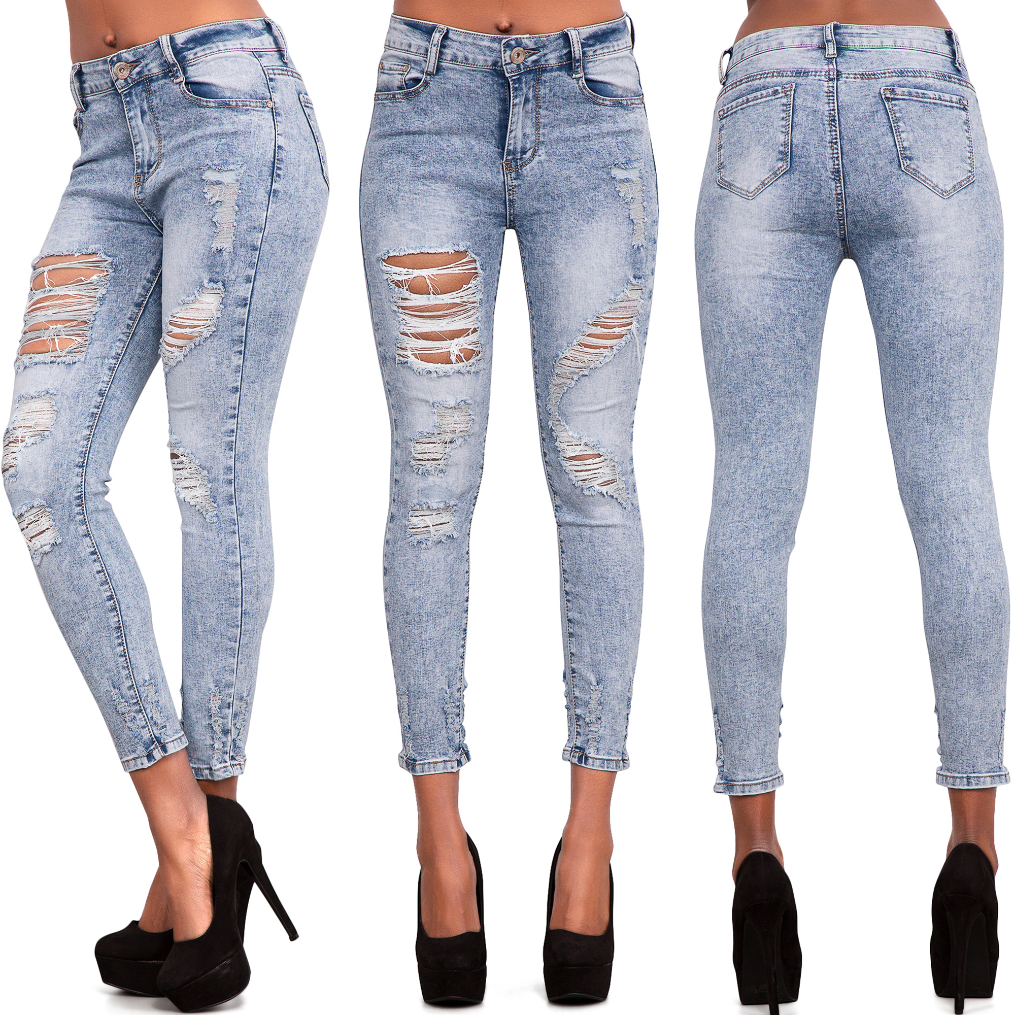 Womens Blue Ripped Skinny Jeans Ladies Jeggings Slim Fit Denim Size 6 8 