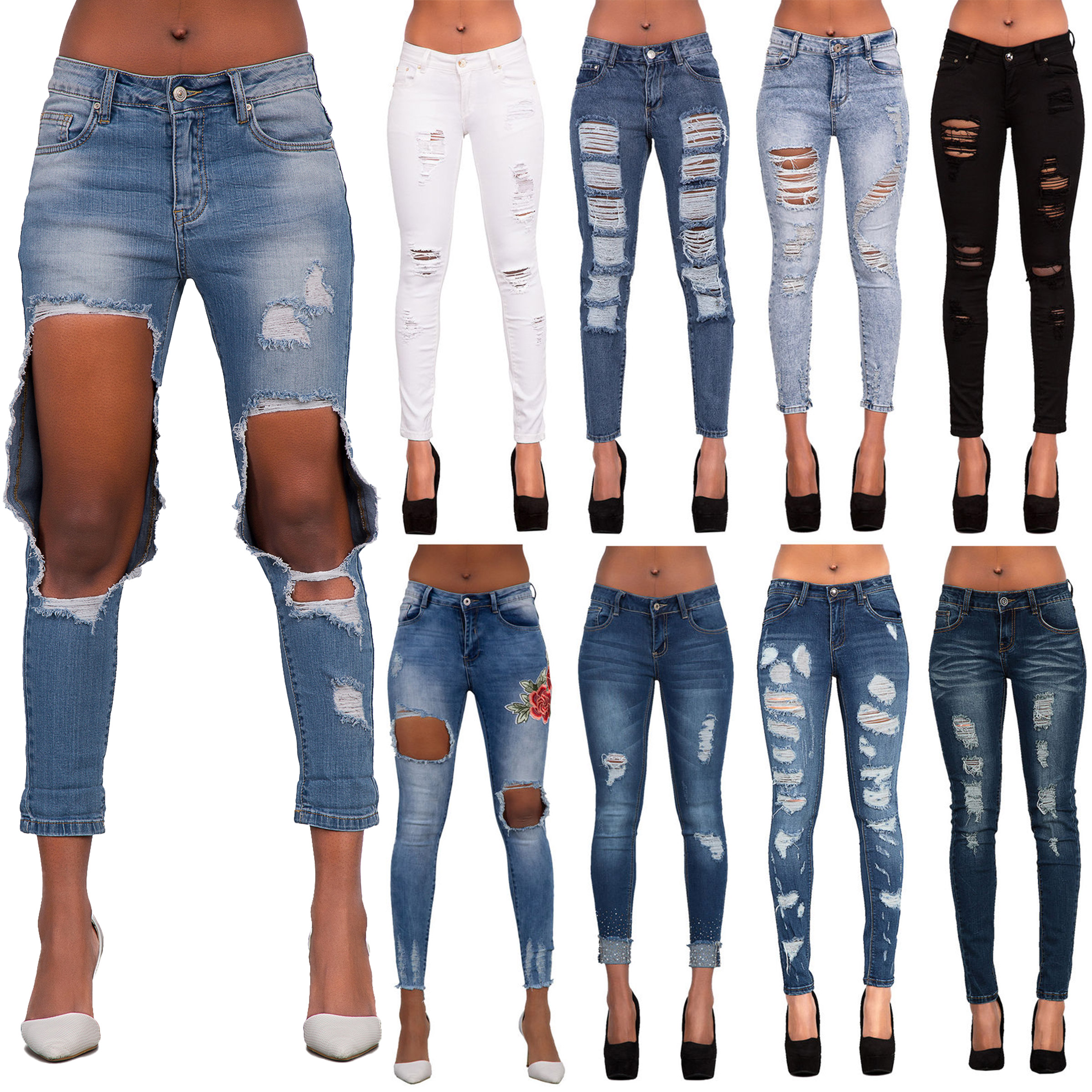 Womens Blue Ripped Skinny Jeans Ladies Jeggings Slim Fit Denim Size 6 8 ...
