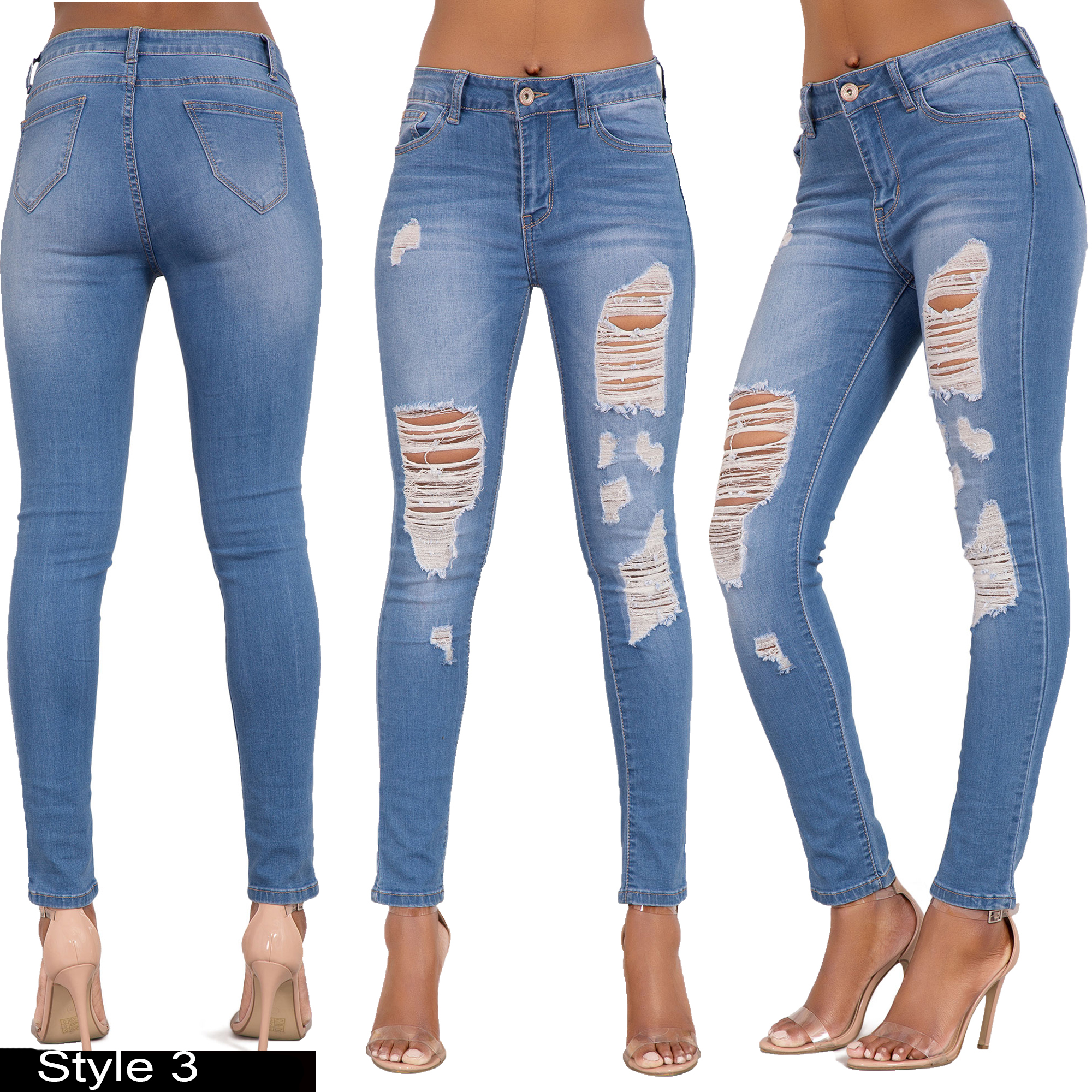 NEW Ladies Women Blue Black Ripped Skinny Jeans Slim Fit Stretch Denim ...