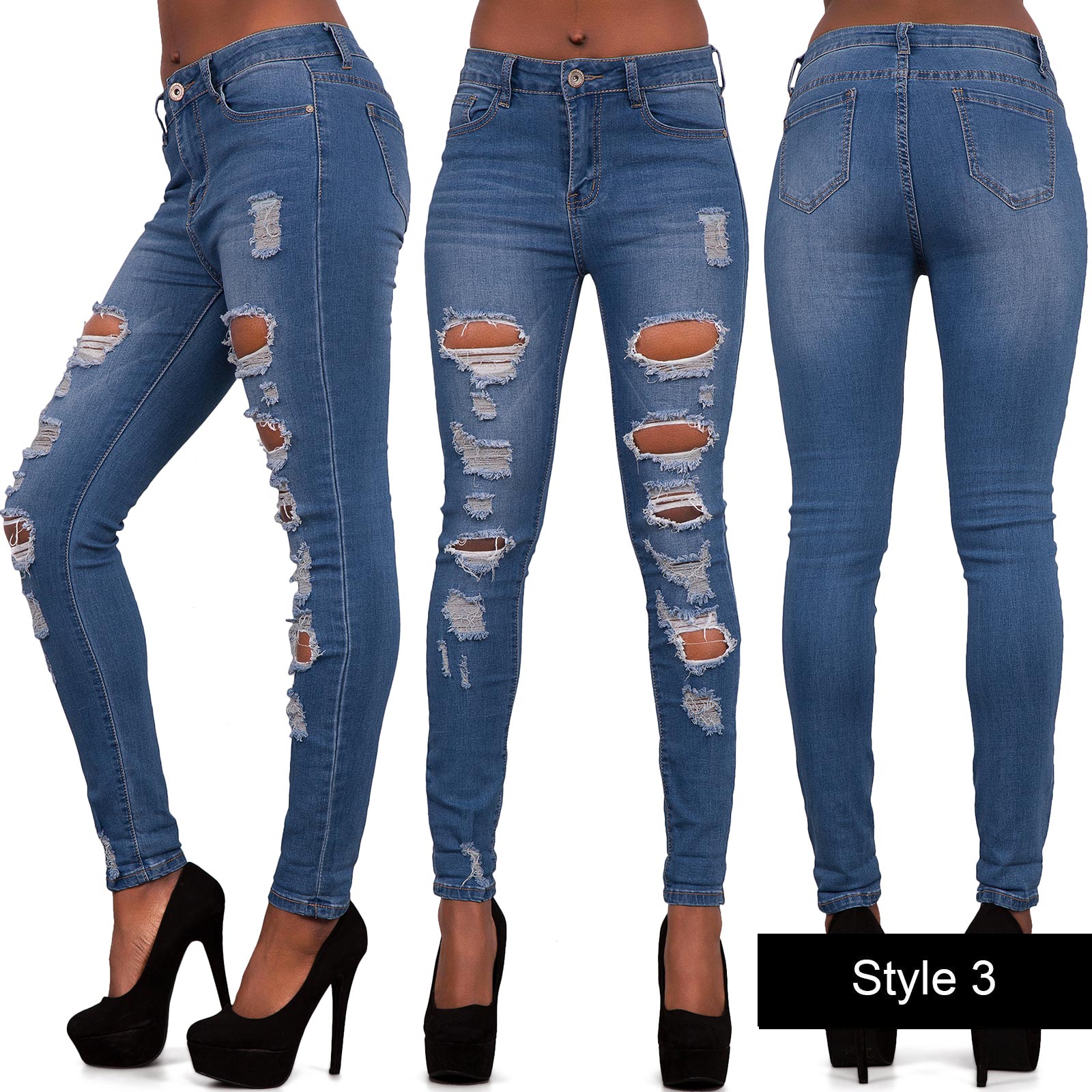 NEW Ladies Women Blue Black Ripped Skinny Jeans Slim Fit Stretch Denim ...