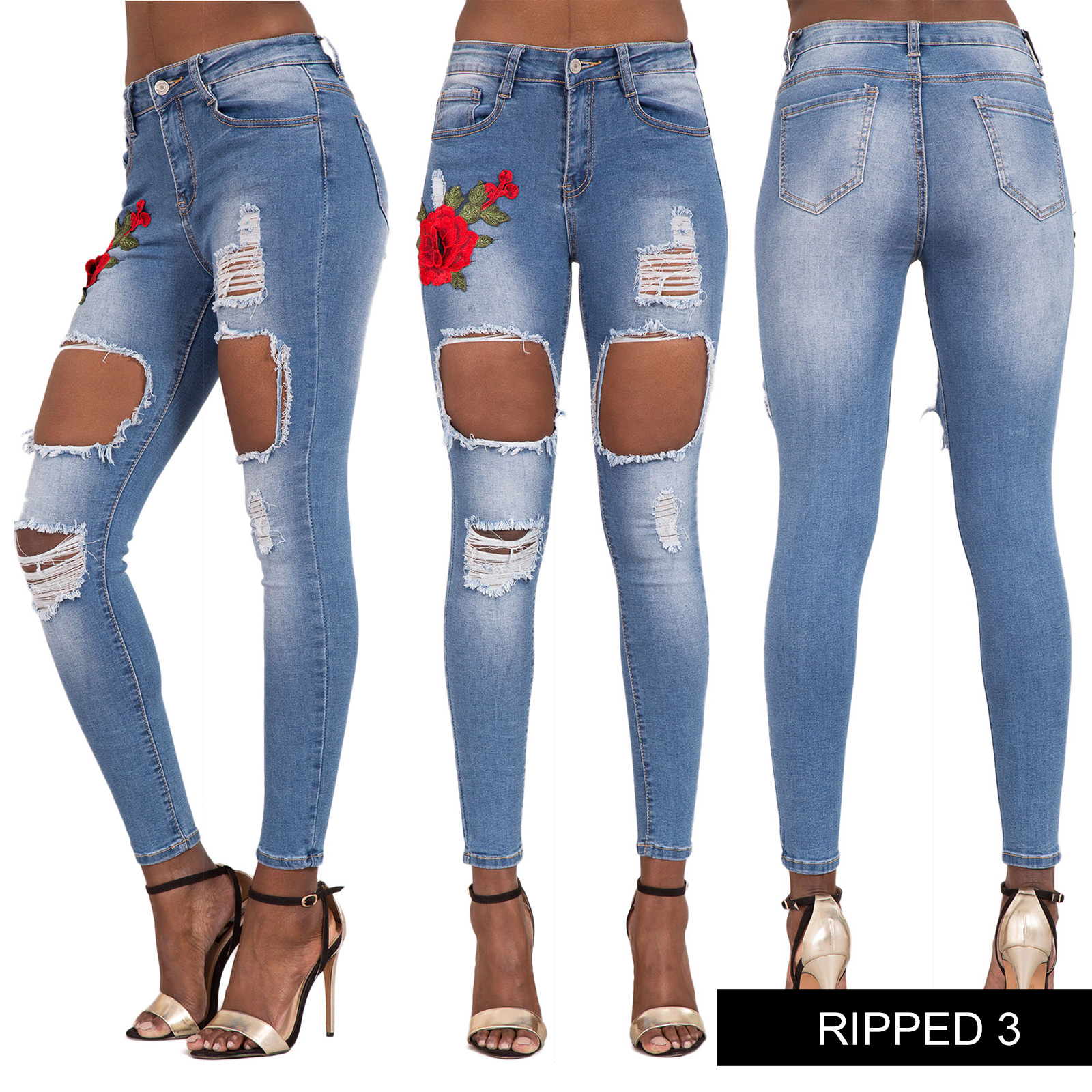 Womens Ripped Rose Jeans Ladies Flower Embroidered Skinny Fit Denims ...