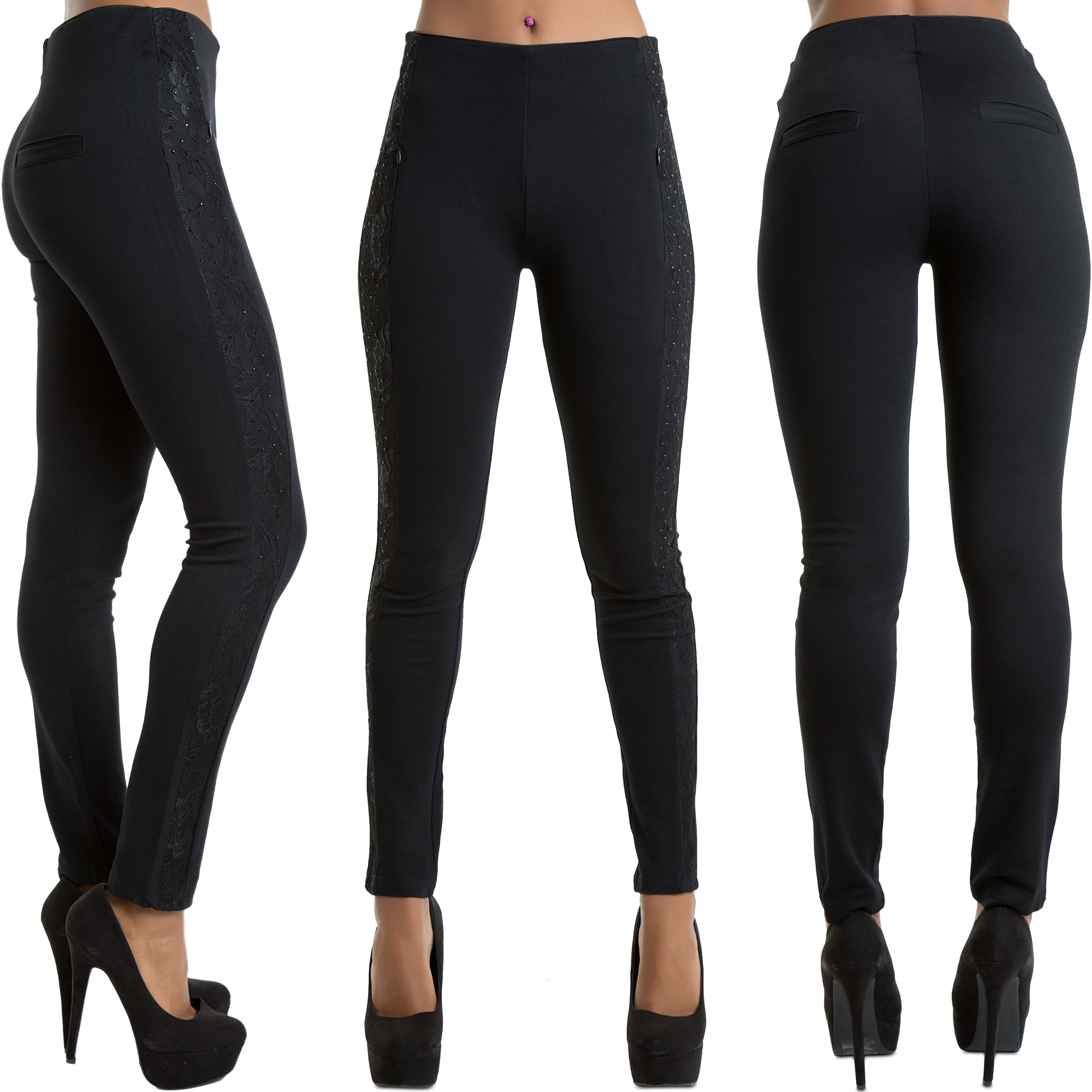 Ladies Women Sexy Black Leggings Trousers With Rose Pattern Size 6 8 10 ...