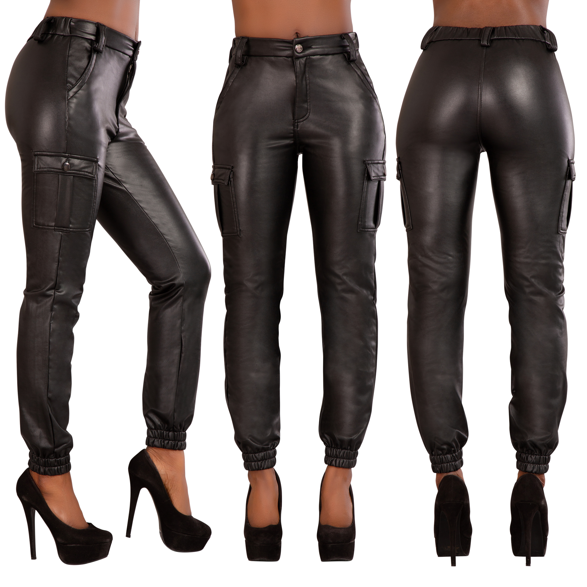 Womens Black Pu Leather Look Trousers Ladies Cargo Stretch Pants Size 6 14 Ebay 