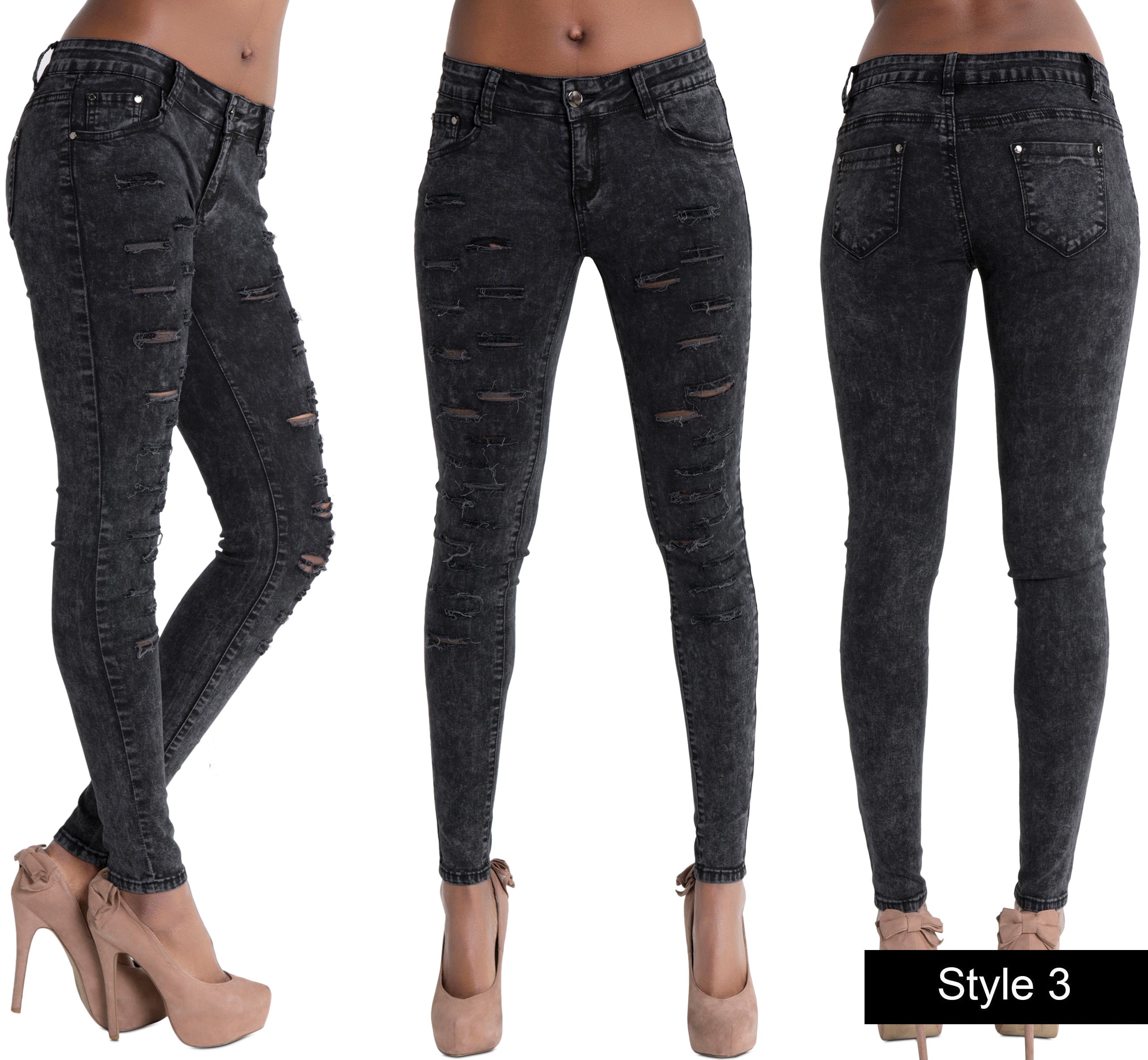 NEW WOMENS SKINNY FIT RIPPED BLACK WHITE BLUE JEANS DENIM SIZE 6-22 | eBay