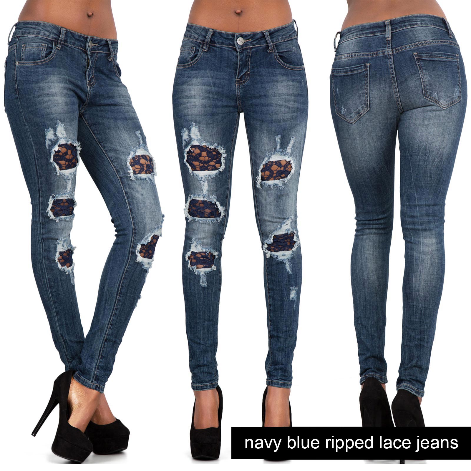 WOMENS LADIES BLACK BLUE SKINNY RIPPED LACE CUT OUT BOW JEANS DENIM ...